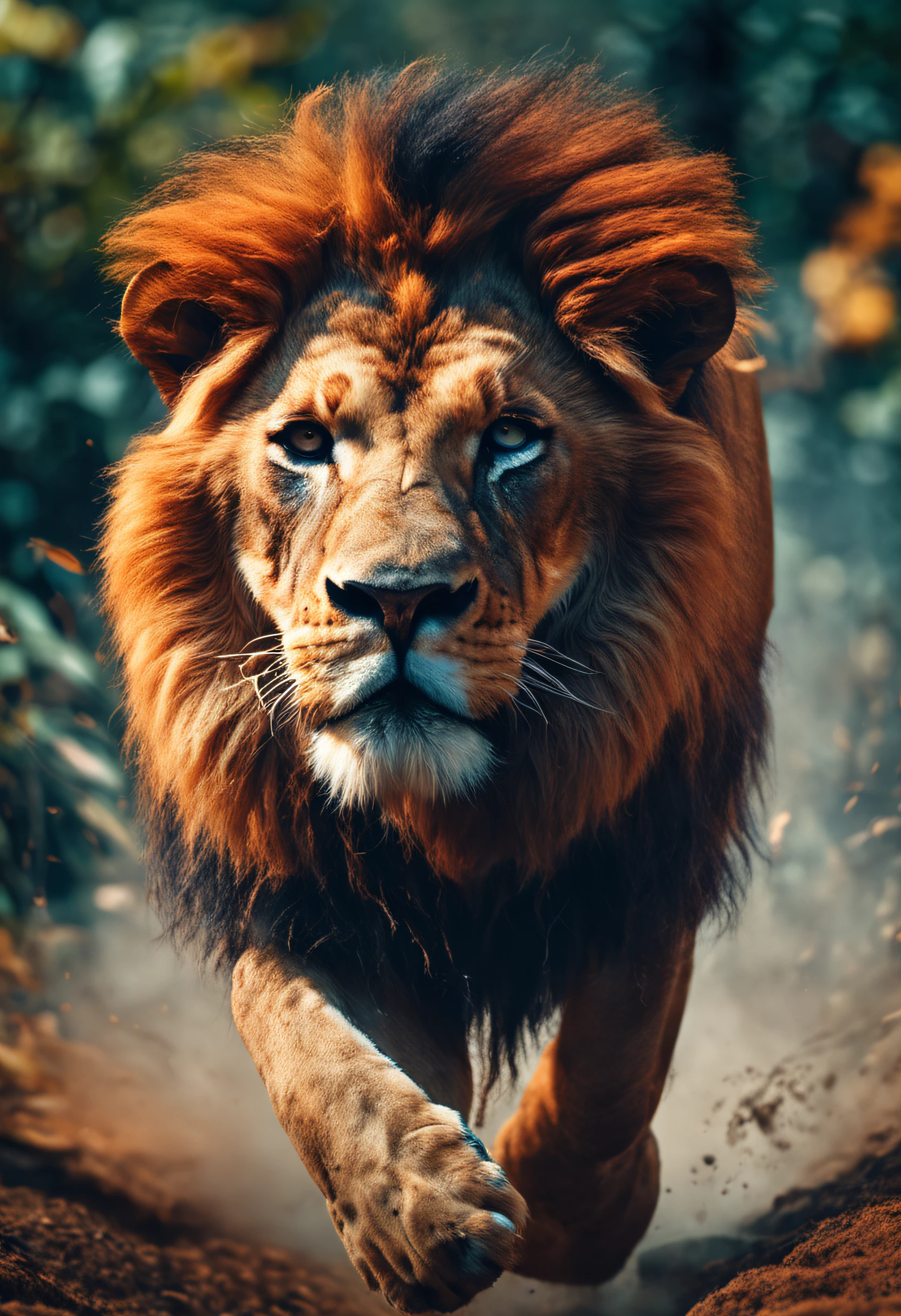 Create the image of a lion walking through the jungle