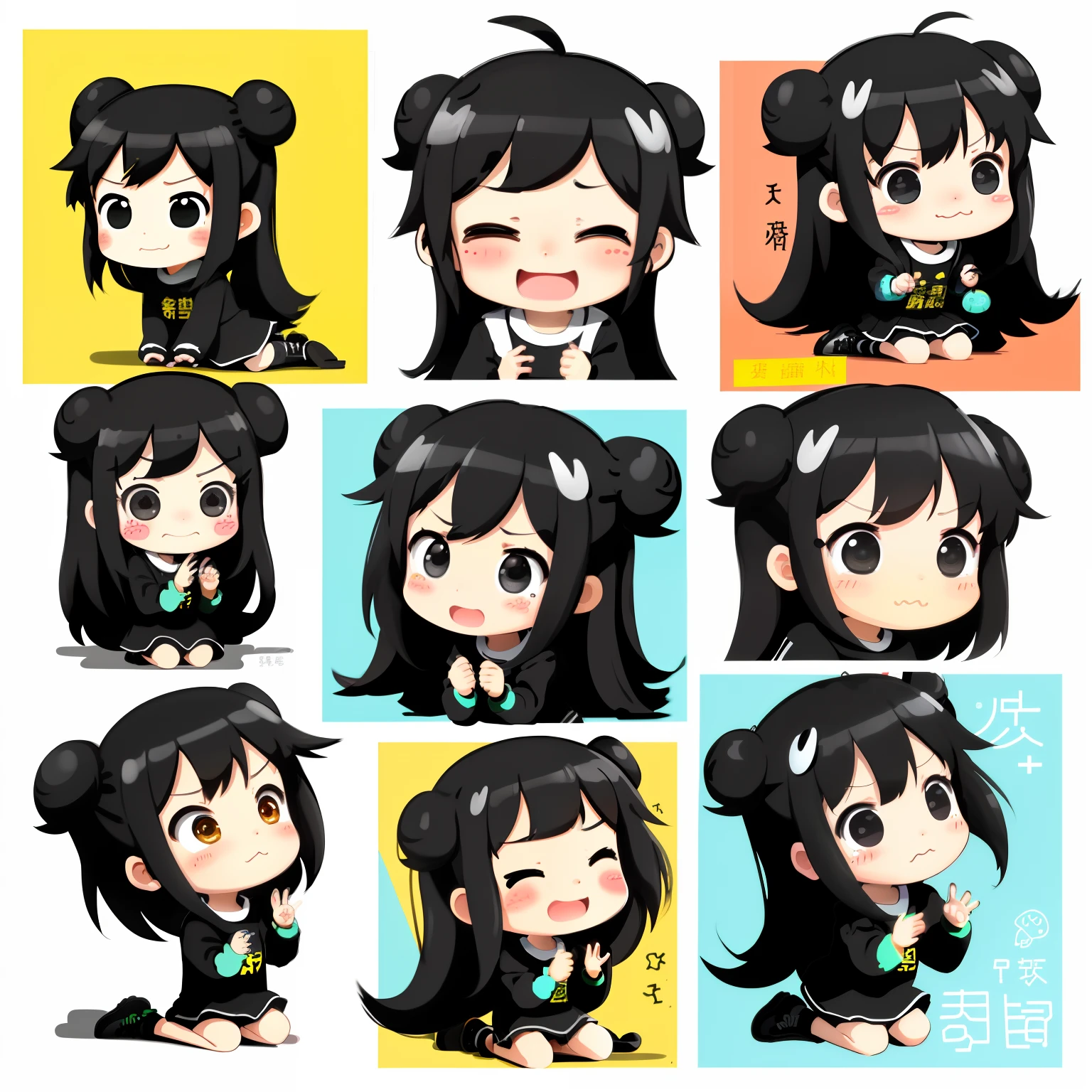 very simple，Maximalism，cartoon graffiti，line art，cute black line little girl，various poses and expressions。weeping、run away、is shy、ssmile、dine、Kneeling、astonishment、Laugh and so on。——niji 5
