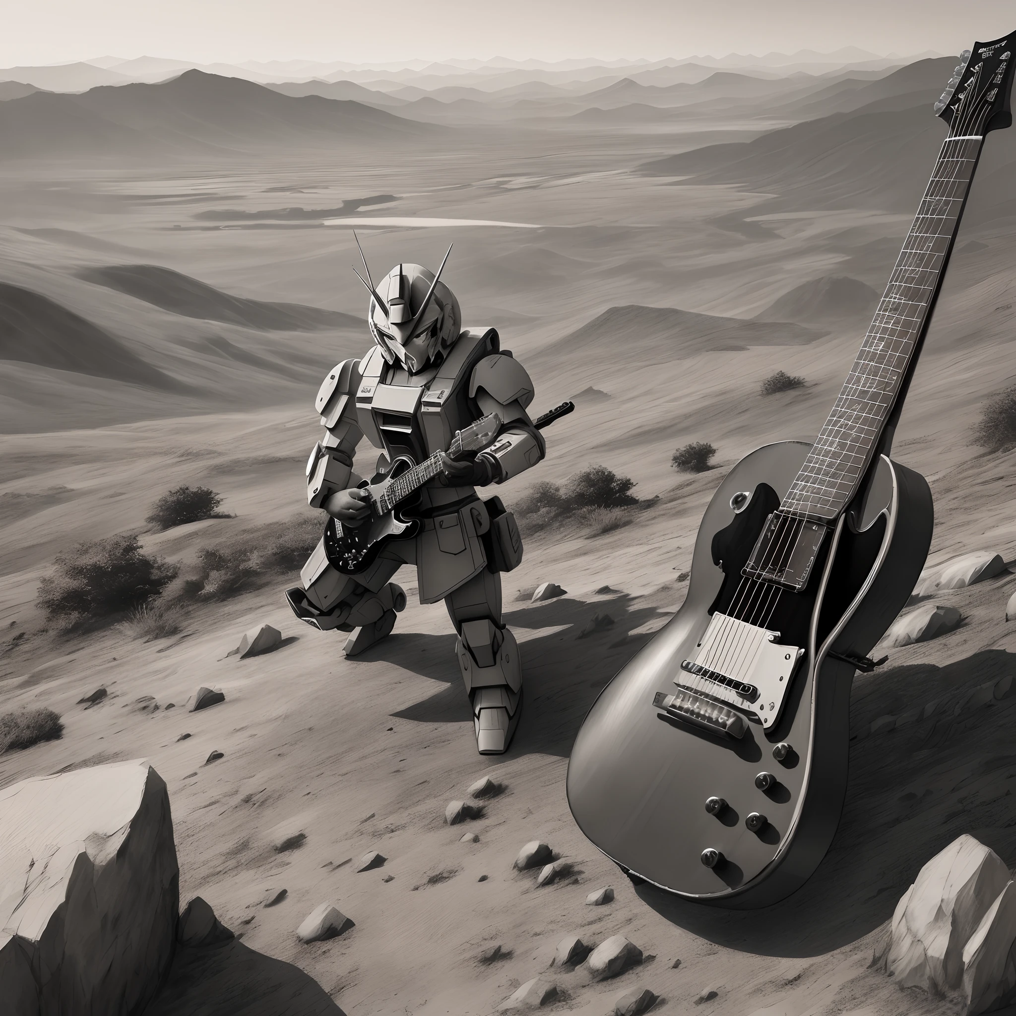 tmasterpiece,最好质量,8k wallpaper,ink wash style,Between the landscapes an armed Gundam is playing a guitar