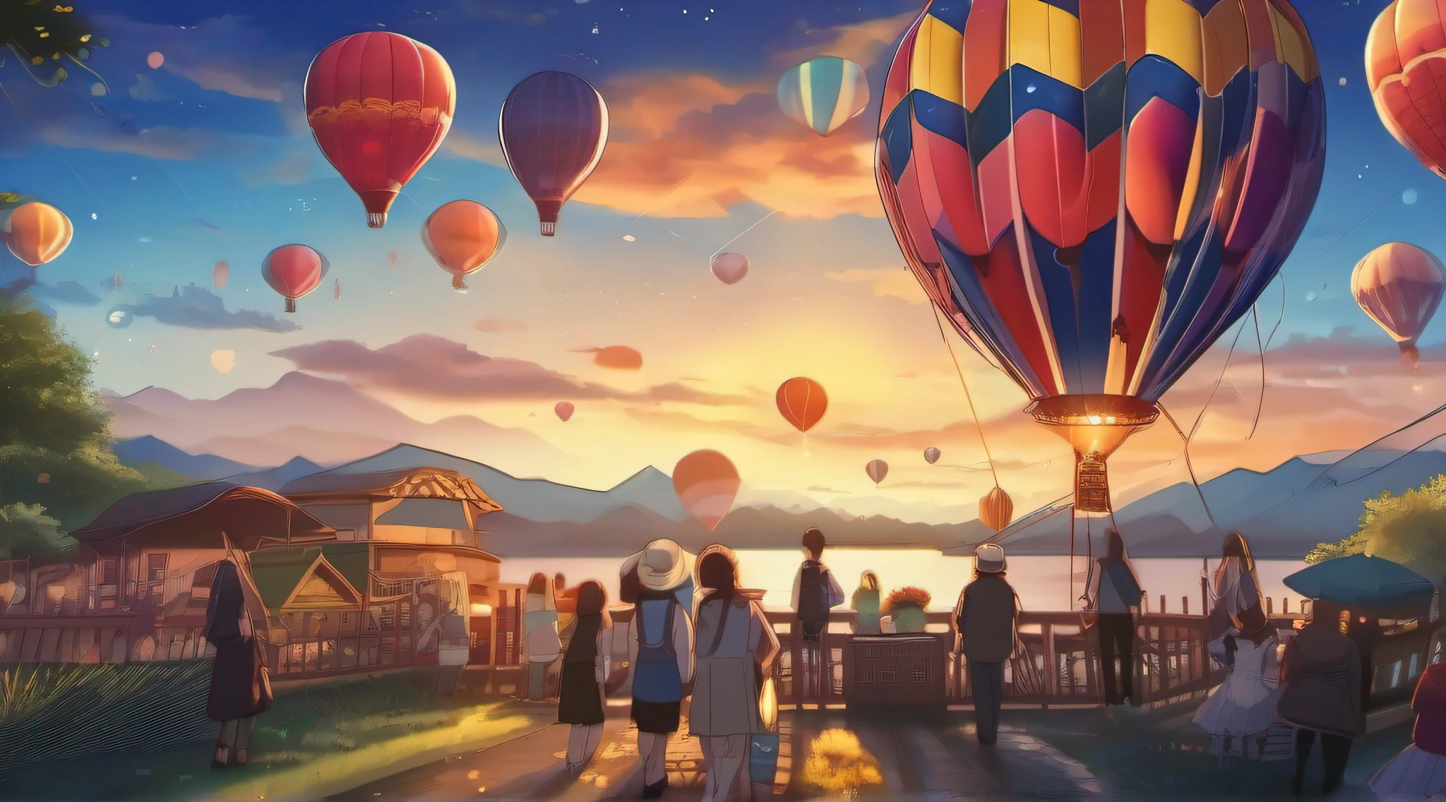 (balloon festival:1.2, many tourists:1.2), (sunset gives way to night:1.2, starry sky begins to emerge:1.2), immersive image, anime style, book cover style