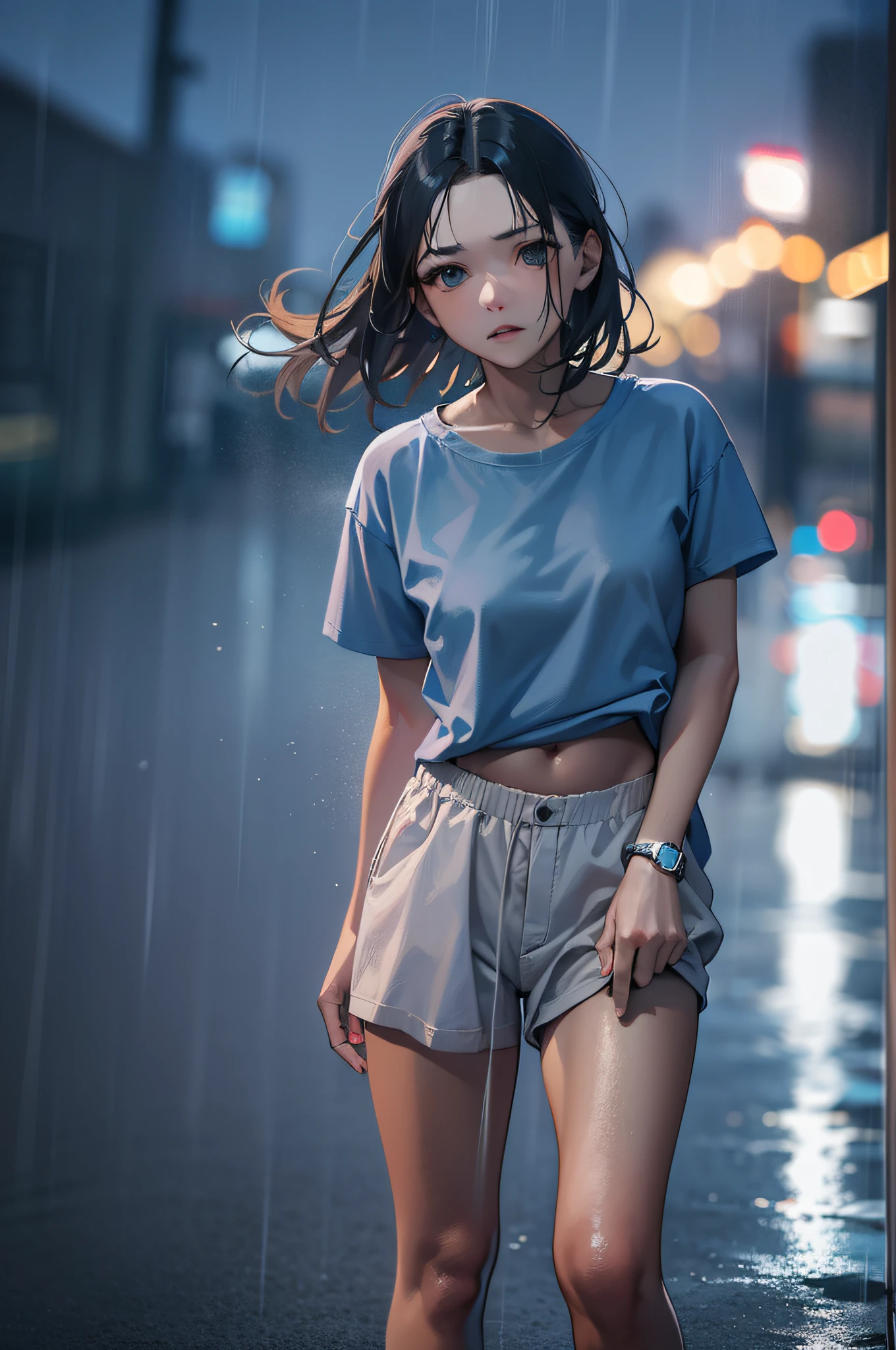 under the rain、Woman Walking、shortpants、tshirts、Looking at the camera、back lighting、Studio Lighting