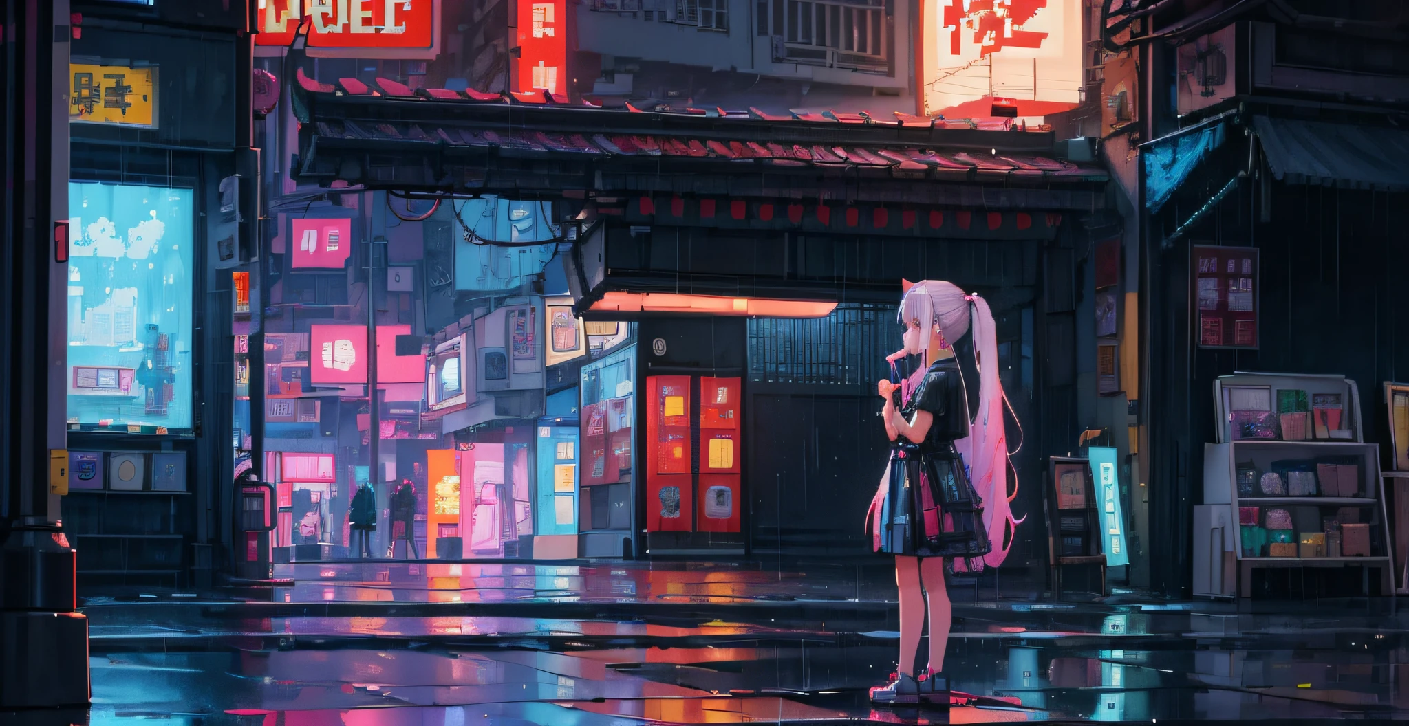 (pixel art_1.1)1girl,very long hair,Night,Street,Kitten,Small puddle,Rain,Neon Light,Hong Kong,Cyberpunk,Eating Popsicles,Insert pocket,Strap,short sleeve,White