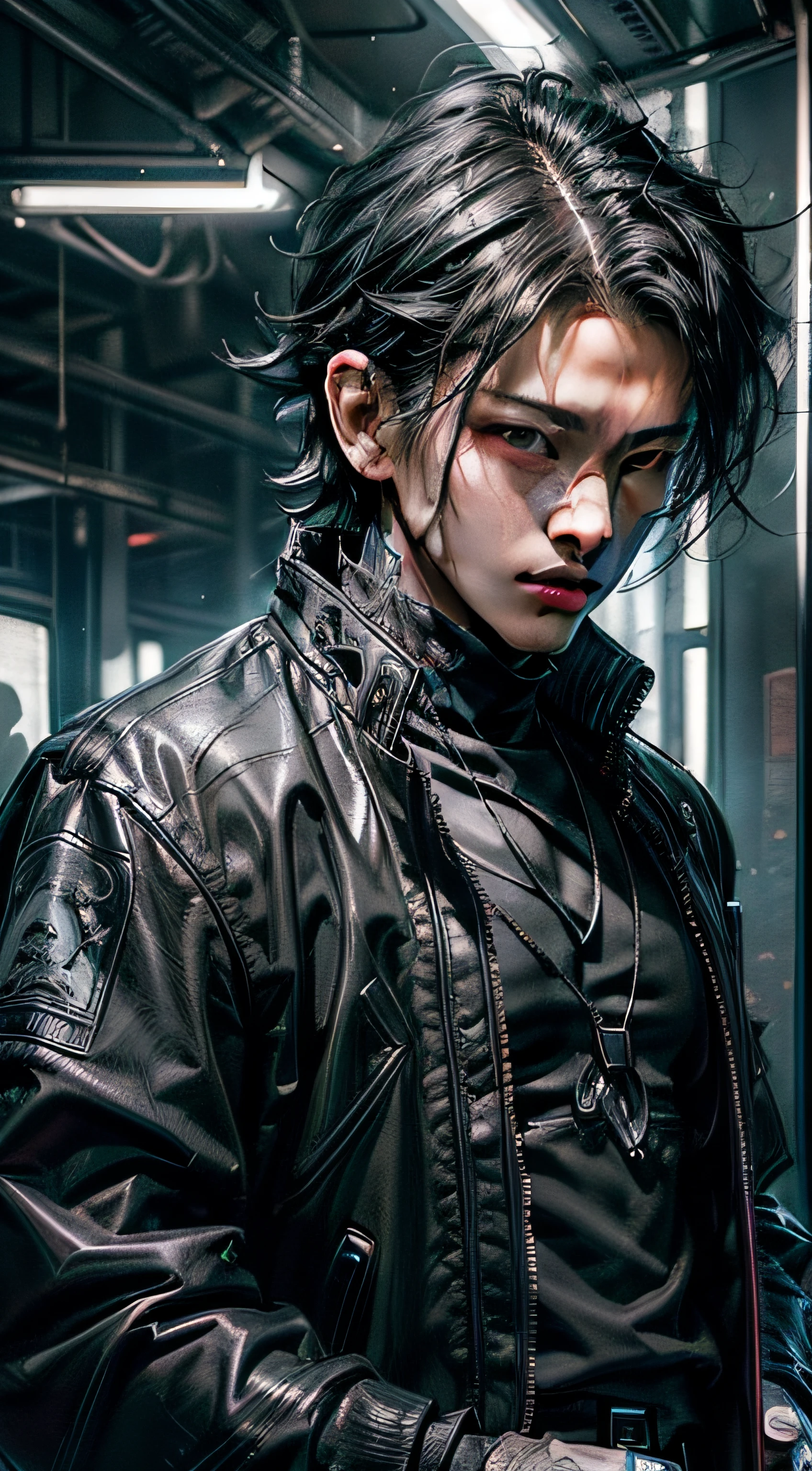 ((top-quality))、((tmasterpiece))、((hentail realism))A super detailed photo of a book boy with gothic and neon colors。he((he has black hair,Holding a large smartphone in his hand.)、Smartphones are sophisticated、Wild and handsome boy、wearing techwear jacket、No tattoos,It exudes an atmosphere((aestheticly pleasing))、wild、Hot