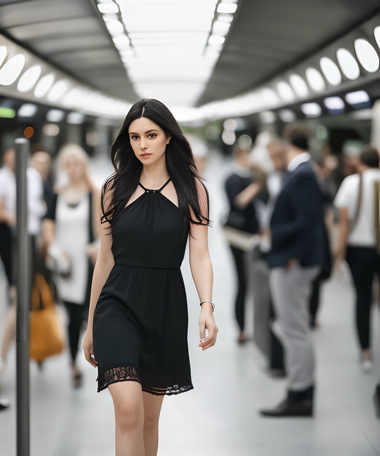 Hyper Realistic Photo, Full Body, (OF A BEAUTIFUL WOMAN), Beautiful and detailed fascinations, beautiful gray eyes, Perfect anatomy, taken with a reflex camera, with natural and bright light, reflects the light and shines in her beautiful soft and slightly wavy black hair, fashionably dressed in black summer dress, a topmodel, walking in a london subway, 8K UHD, a masterpiece, 3D rendering