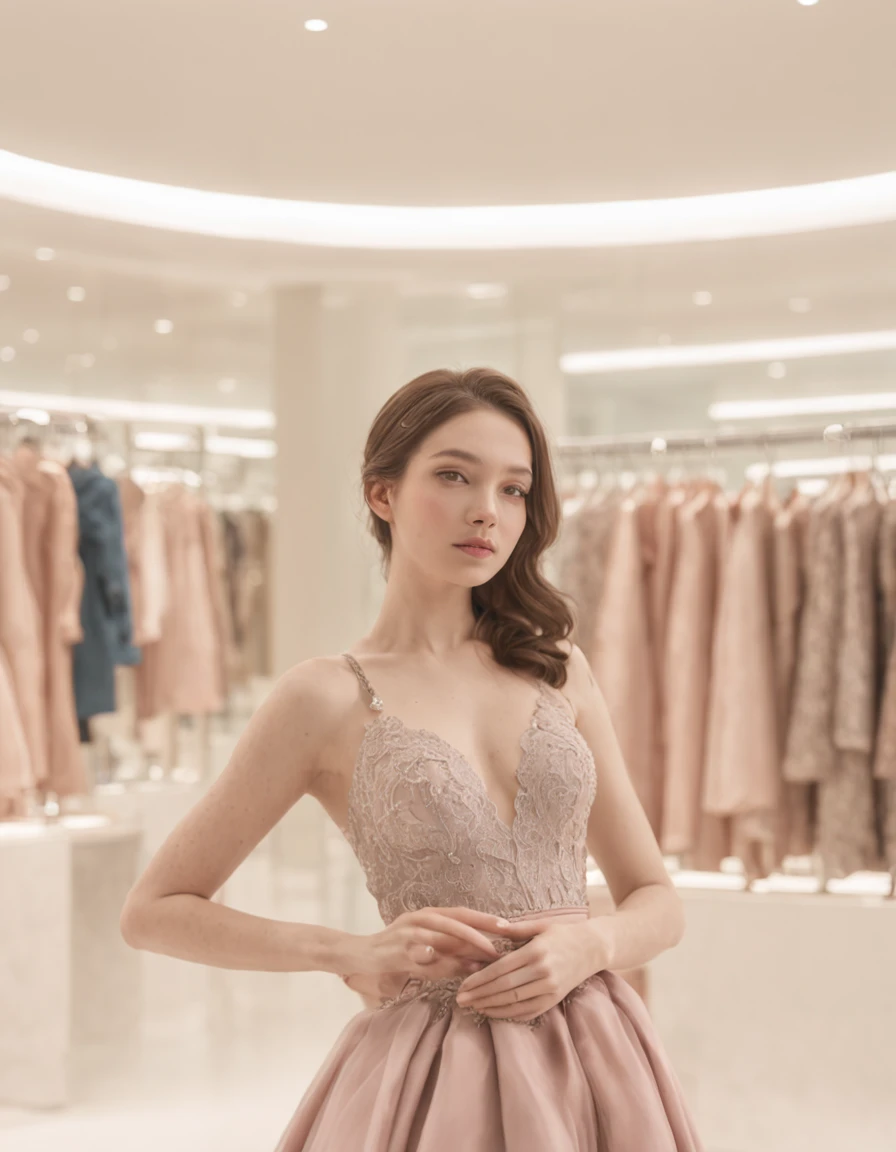 A stunning scene unfolds within a bustling mall clothing store, meticulously captured in exquisite detail. The ambiance is imbued with a sense of high-end elegance, as if the very essence of beauty and style have converged in this one breathtaking moment.

Person Posing:
At the heart of this captivating tableau is a young woman, a true embodiment of grace and allure. Her dynamic pose is a choreography of confidence and poise, capturing a fleeting yet eternal moment. Every angle of her body seems to whisper stories of self-assuredness and unspoken dreams.

Clothing Store Setting:
Surrounded by racks of clothing that showcase the latest trends, the store's interior is a symphony of modern design. The ambient lighting accentuates the merchandise's allure, casting a gentle spotlight on the young woman who is undoubtedly the centerpiece of this visual masterpiece.

Mall Ambiance:
The mall's bustling energy is subtly present in the background, a distant hum of life and activity. Its presence is implied through soft, diffused lighting that seems to seep through the store's glass windows, creating a sense of connection between the indoor haven of fashion and the external world.

Blur Background and Bokeh:
The mall's exterior is a delicate blur of colors and shapes, creating an enchanting bokeh effect that adds depth and mystique to the scene. The contrast between the beautifully blurred background and the sharp focus on the subject generates a mesmerizing visual tension.

Clothing and Style:
The woman's attire is casual yet impeccably curated, reflecting a modern sensibility. Her clothing choice speaks of understated luxury and an innate understanding of fashion. It's as if the store's entire collection has been distilled into this single ensemble that harmonizes with her aura.

Gorgeous and Beautiful Detailed Sky:
Through the store's expansive windows, the sky reveals itself in a breathtaking tableau. The sky is an embodiment of intricate details, with streaks of pink and