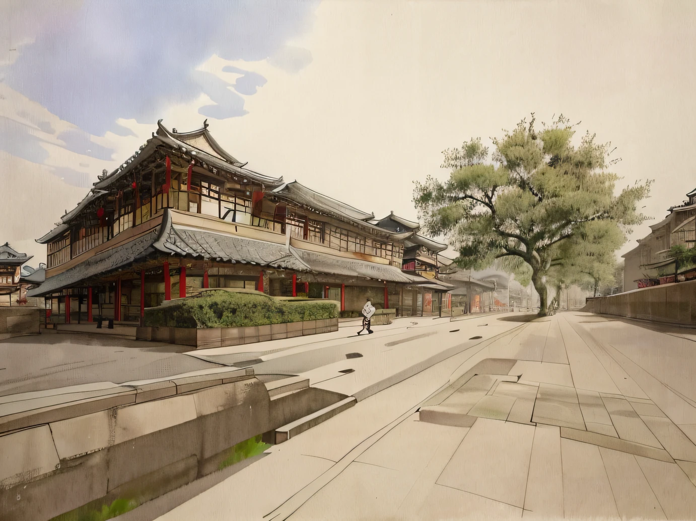 There was a man walking down the street in front of the building, the neat and dense buildings, street level view, Taoist temples and monks, Building in the distance, old buildings, Chinese style buildings, like jiufen, hospital in background, Old building, wide angle photo, seen from outside, dreamy Chinese towns, external view, Old town, qiangshu