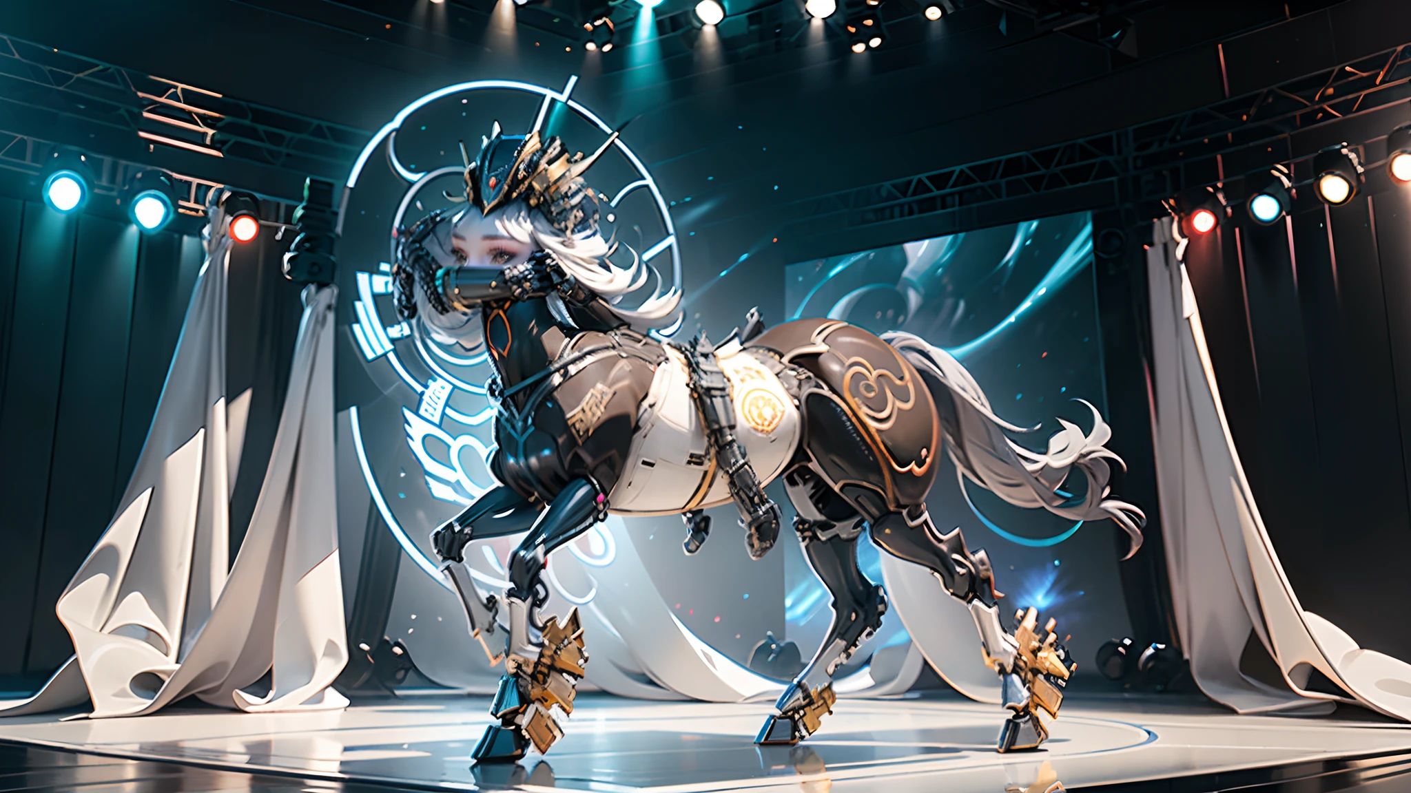 A female centaur，She is famous in the multiverse，She is both a female centaur, half human, half horse, half horse，It is also a female Yingzhao。She blends both images，The first is：（（The head of the horse/neck/Shoulder these parts，Replaced with a beautiful female human upper body）：9.9），of females are half-centaurs, half-horses, half-humans，The second is：（（The head of the horse/neck/lower back/hason/gluteal/Shijo Thigh Female Embodiment）：9.9），'s（（Female half-horse with beautiful woman's）：9.9，Chimer）：9.9），（It's like a female human wearing a half-horse-like costume and making a seamless chimera：9.9），This chimerization is based on powerful futuristic technology。The ultra-wide-angle lens captures the image of her beautiful and ethereal wings on the ionosphere launching a super-high-speed charge and leaping。Her front half is distinctly feminine，Tall sexy body，possessed（K cup giant coconut tit chest：9.9），It has a small man's waist butterfly straddling（Long legs：9.9），The embedded interface of the half-horse part of the bent feminine state of the back half of the body is in the hip position。（The horse-shaped, half-horse torso form of her back body is completely female humanization9.9）。The chest cavity of a woman in the shape of a bent dog style embedded in the lower back position of the beautiful woman's body starting from the upper part of the sternum/lower back/Ventral transverse。Then there are the sexy beauty's upright hips，（Her entire body has been completely female and replaced by a female body：9.9），Including the half-horse part。Mechanized armor covers the legs with knee-shaped anti-joints and feet，And these parts are highly anthropomorphic，This makes her legs graceful and slender，Her four horse legs exploded in length proportions and was slender and toned，Under the legs are skinny white feet dressed in Skyscraper Heels，Use Midjourney's advanced stroke tools and color palettes, as well as texture packs, model packs, and texture tools，Concentration，Include all parts of her