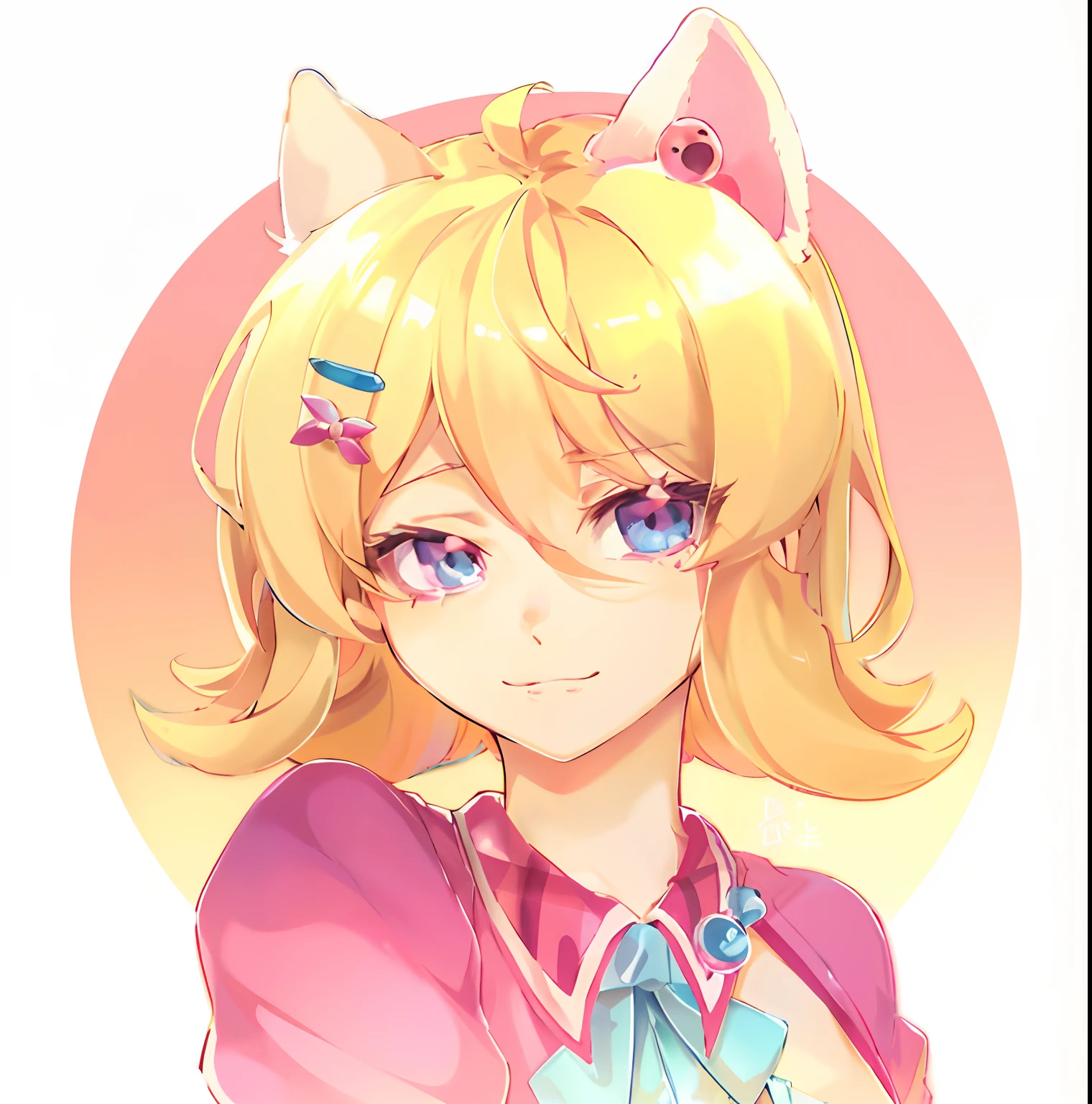 Anime girl with blonde hair and blue eyes in pink dress, cute anime catgirl, anime catgirl, Kawaii realistic portrait，cute character，Renderings of April，kawaii realistic portrait，advanced digital chibi art，onmyoji detailed art，A portrait of a small character，Nyaruko-san，stylized anime，highly detailed character