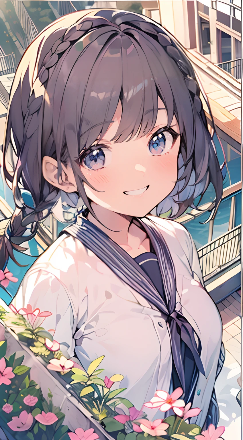 masutepiece, Best Quality,Illustration, Wallpaper, Ultra Detail, Absurd beauty, 1beautiful girl、(Medium short hair、short braided hair), Beautiful ultra-detailed eyes 、student clothes、A refreshing smile、Smaller head、(a panoramic view:1.5)