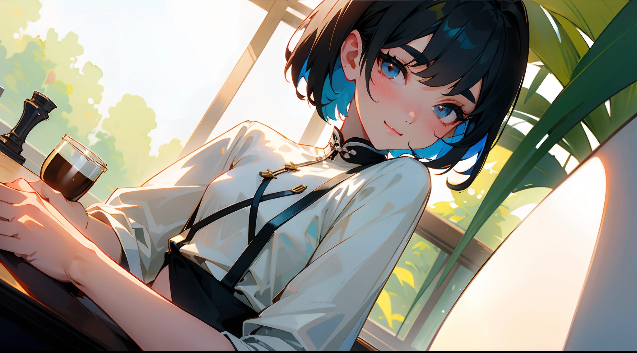 Original Characters、Wide angle shot、Volume Lighting、Best Shadows、Shallow depth of field、Portrait of an amazingly beautiful girl、Delicate beautiful attractive face with petite and seductive eyes、Drink coffee in a café with plants、A smile、Sharp Eyebrows、Black Hair Shortcut Hair、Blush Eyeshadow、Shining eyes、Dark eyelashes、Rough look、Slim waist、(top-quality、Superb Detail:1.25)、(独奏:1.3)、Brilliant Colorful Paintings