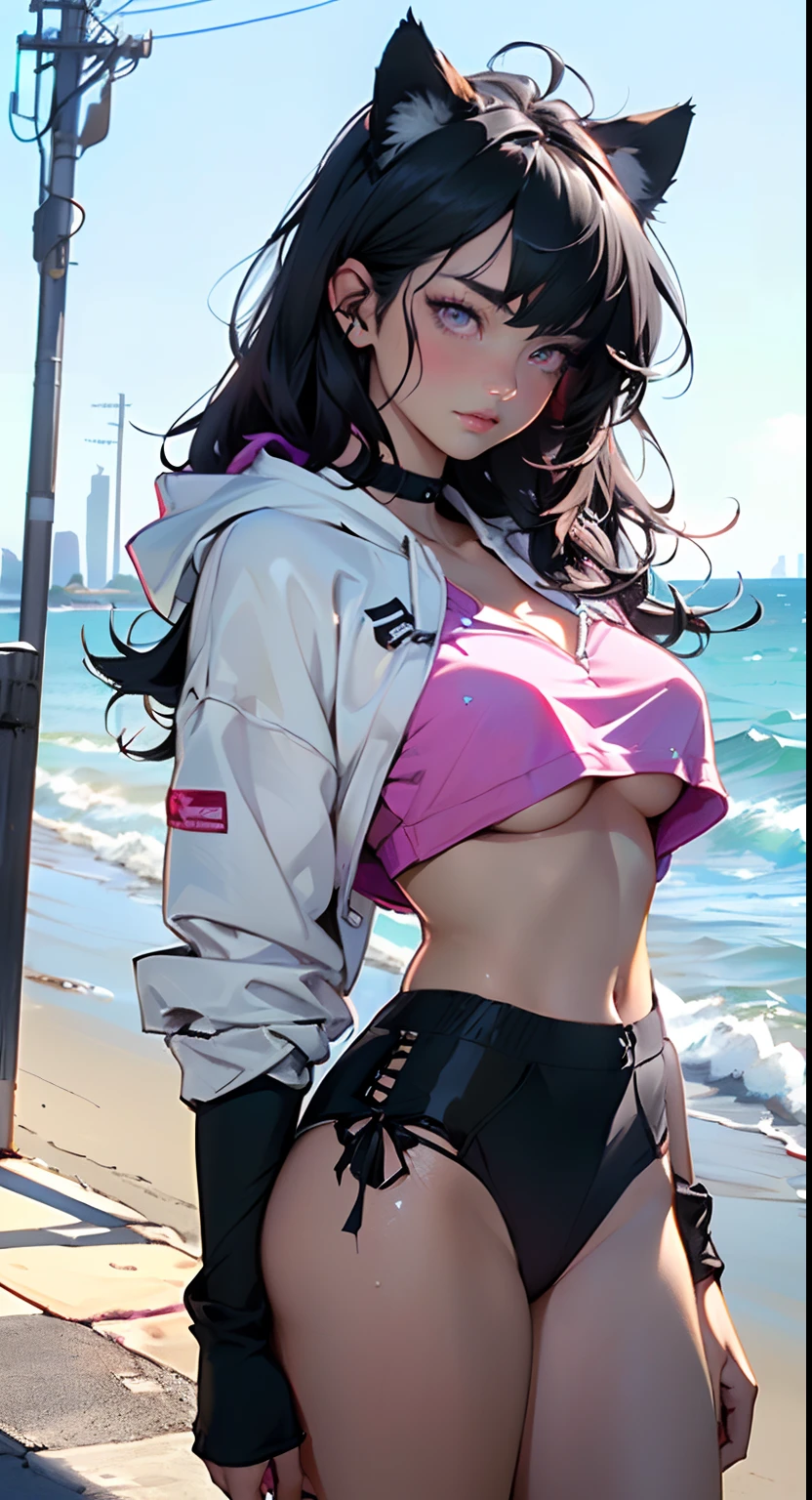 girl spacepunk,(((1girl))),((anime girl with extremely cute and beautiful black hair cat ears walking seductively down the street)),
(large breasts:1.4),saggy breasts,((((black hair,messy hair,colored inner hair,large hair,absurdly long unkempt hair:1.35,long hair,ear breathing)))),((((cat ears,cat ears on head,big cat ears)))),((pink eyes:1.3,upturned eyes:1.3,perfect eyes,beautiful detailed eyes,rainbow glows ultra-detailed deep pink purple eyes:1.1,gradient eyes:1,finely detailed beautiful eyes:1,symmetrical eyes:1,big highlight on eyes:1.2)),((fat)),(((lustrous skin:1.5,bright skin: 1.5,skin tanned,shiny skin,very shiny skin,shiny body,plastic glitter skin,exaggerated shiny skin))),(spider lower abdomen,narrow waist,wide hip,athletic body,inflated legs,delicate detailed fingers,detailed body,detailed arms,human hands,(detailed face)),
cute,slutty,seductive,erotic,(((nsfw))),
zettai ryouiki,revealing clothing,show skin,((((underboob)))),(cleavage),(semi-naked,with little clothing,((tiny thong)),bare legs,visible thong straps),((((crop top hoodie,cropped hoodie,hoodie,hoodie intricate)))),((detailed outfit,detailed clothes)),
(dynamic pose:1.0),solo focus,embarrassed,centered,scale to fit dimensions,Rule of thirds,
((((city cyberpunk by the ocean,facing the sea,ocean in the background,city full of water,cities suspended on the horizon:1.6,jellyfish flying in the background)))),stormy sky,threatening sky,dark clouds,((synthwave background theme,detailed background: 1.25)),
(best quality,high resolution,sharp focus,ultra detailed,extremely detailed,extremely high quality artwork,(realistic,photorealistic:1.37),8k_wallpaper,(extremely detailed CG 8k),(very fine 8K CG),((hyper super ultra detailed perfect piece)),flawless,(((masterpiece))),illustration,vibrant colors,(intricate),High contrast,Selective lighting,Double exposure,HDR (High Dynamic Range),Post-processing,Background blur,
