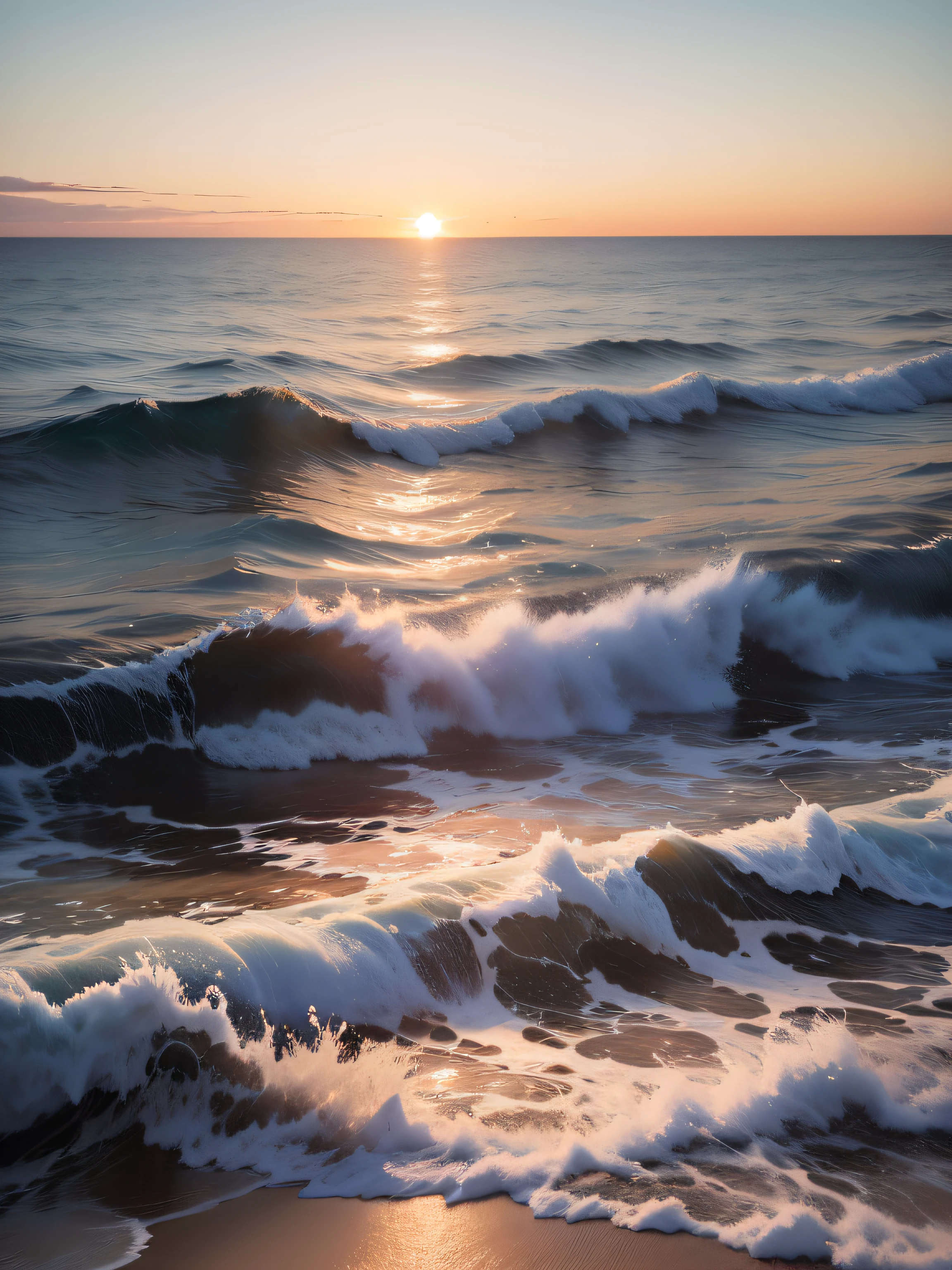 Waves crashing on the beach at sunset with the sun setting - SeaArt AI