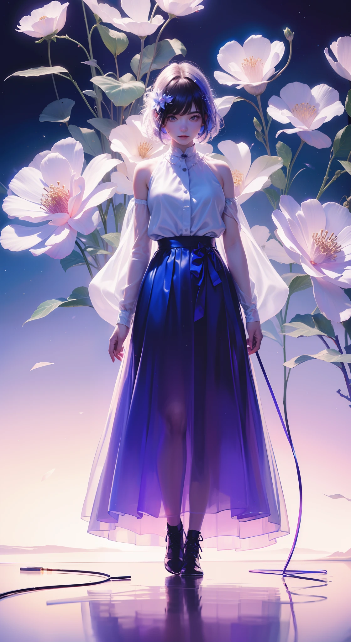 (((A girl))，Long skirt，Irridescent color，Rich colors，the Flower Fairy，springtime，The Arthur effect, Transparent body, Gradient translucent glass melt, Caustics, transparent glass texture, Irridescent color, Designed by Dietrams, Simple, Glows in high detail, white backgrounid, industrial design, studio lit, C4D, OC renderer, Clean shadows, 4K