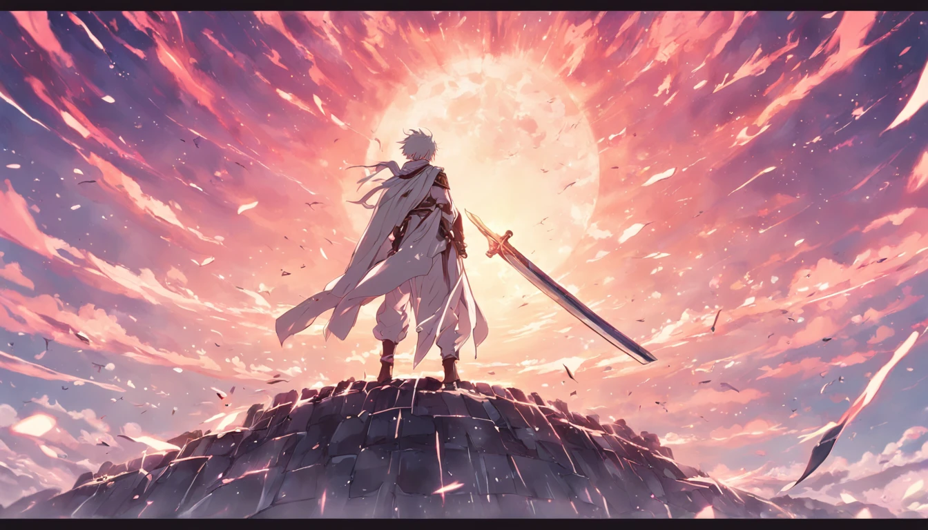 A white-clad swordsman stands on a floating roof，Behind him is a huge sun