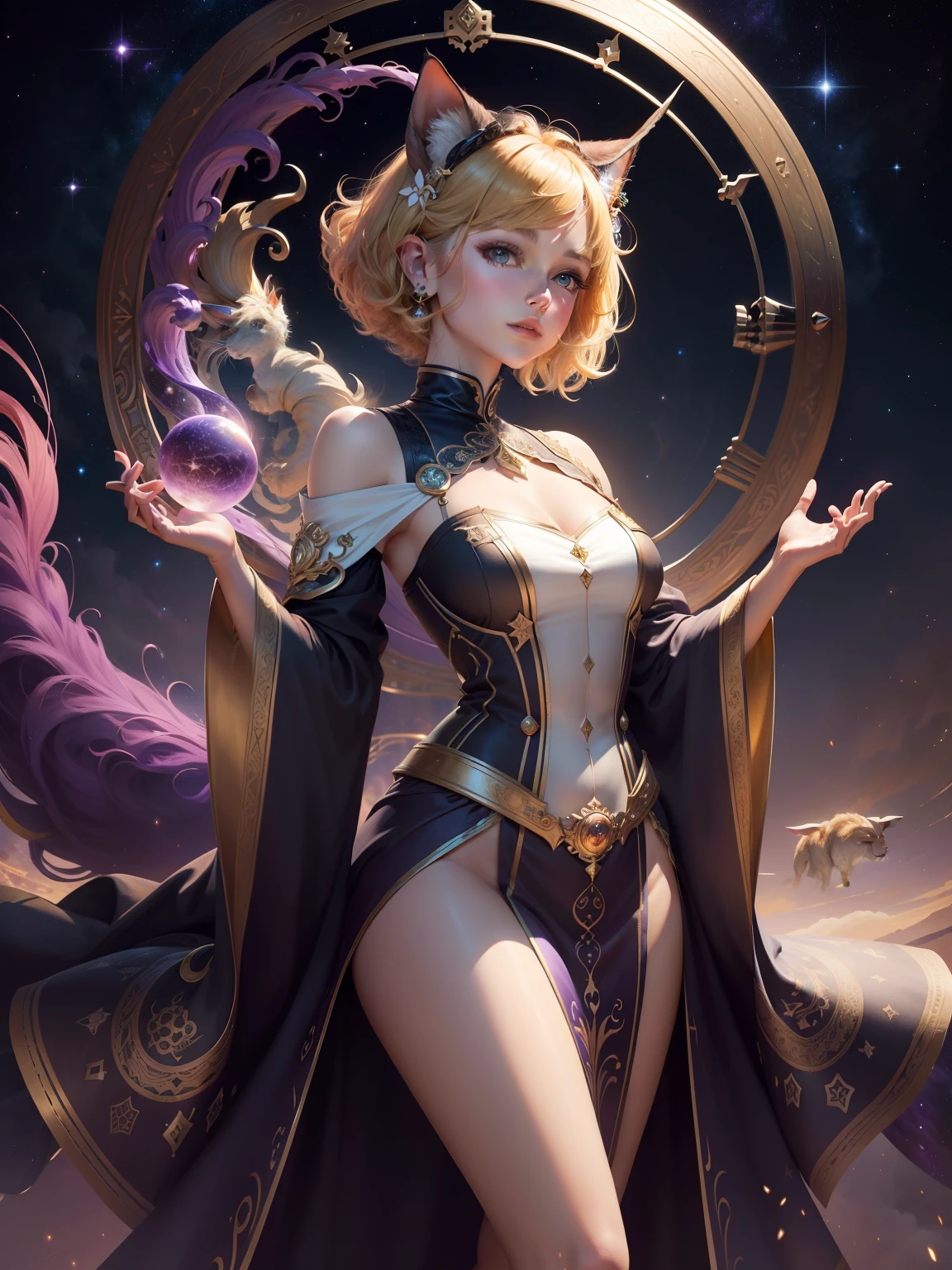 realisticlying,(tmasterpiece,top Quority,best qualtiy,offcial art,Beauty and aesthetics:1.2),The is very detailed,s fractal art,extremely colorful,Most detailed,Capricorn,(abstract backgrounds:1.5)(1girl:1.3),(Cat Class) ,Yellow-haired,Eyes,earnestly,Comb back,short detailed hair,,galactic,Giant magical golden Capricorn astrolabe,dream magical,dream magical,Silver trim,beautiful detailed sky,The style and decoration of the Capricorn goddess,(nsfw:0.8)Delicate reflective high glass guardrail panel,dynamicposes