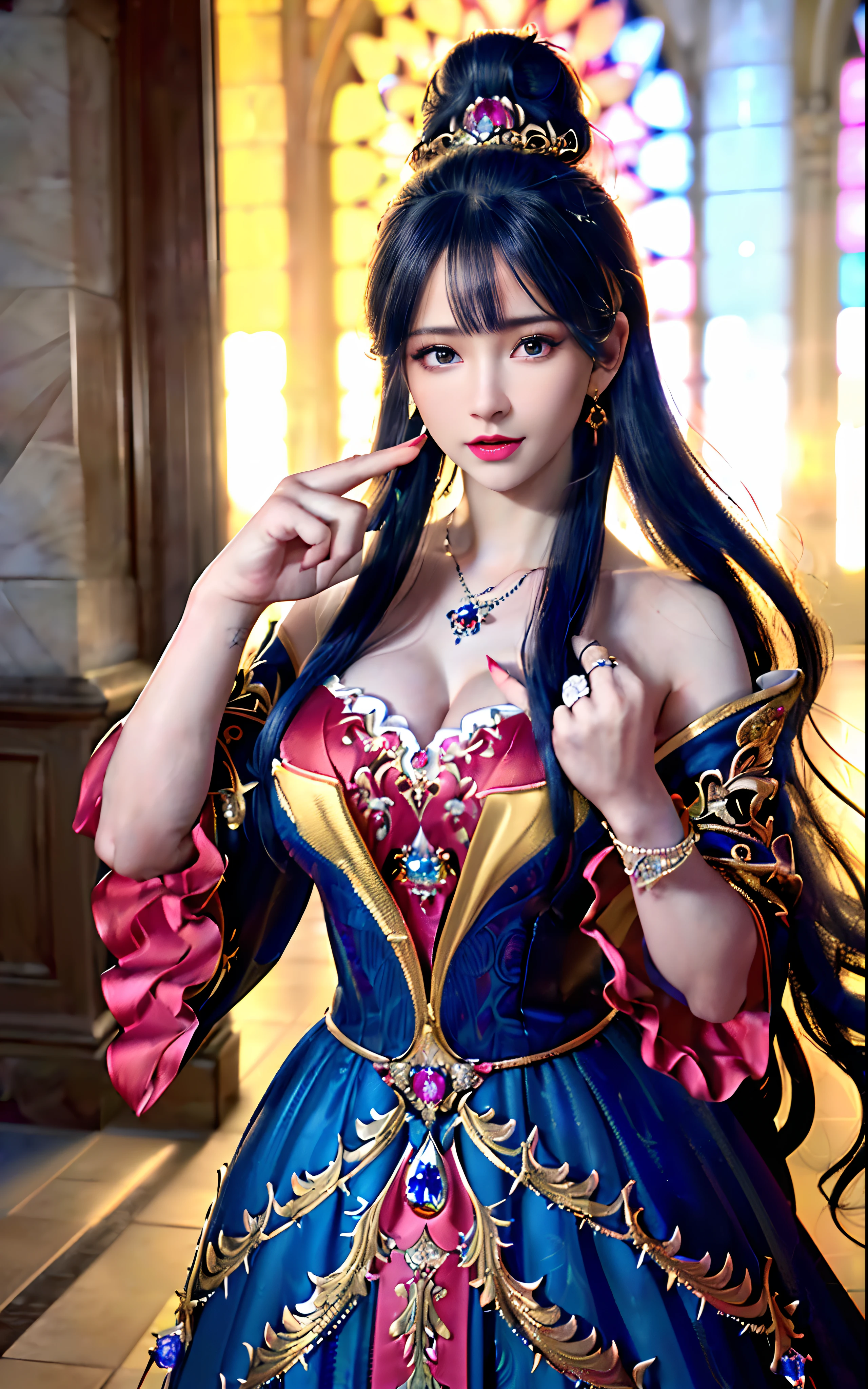 ((realisticity: 1.2)), ((realistic: 8K UHD)), ((best resolution: 8K UHD)), hyper detailed, best quality,masterpiece,highres,cg,
((1 hyper detailed and hyper realistic girl)), ((very beautiful queen dazzling, hyper realistic, and hyper detailed)),((white skin, beautiful, smooth, youthful, hyper realistic and hyper detailed
)), ((Hyper beautiful face, white, hyper realistic and hyper detailed)), long hair, ((hyper realistic and hyper detailed dress)), solo, ((hyper realistic, hyper beautiful, gorgeous and hyper detailed jewelry)), ((hyper beautiful, hyper realistic and hyper detailed dark red and golden yellow dress)),
((Hyper beautiful, hyper realistic, hyper detailed diamond filled earrings)),
((Hyper beautiful, hyper realistic and hyper detailed diamond filled hair ornament)), ((hyper beautiful upper body, hyper beautiful, hyper
realistic and hyper detailed)), ((big breasts: 2.5)),
((Hyper grand, hyper realistic and hyper detailed royal palace backgroun))
((Hyper beautiful, hyper beautiful, hyper realistic and hyper detailed hair bun)), ((hyper beautiful, hyper realistic and hyper detailed blue hair)),
candid, Photograph, high resolution, 8k,Bokeh,