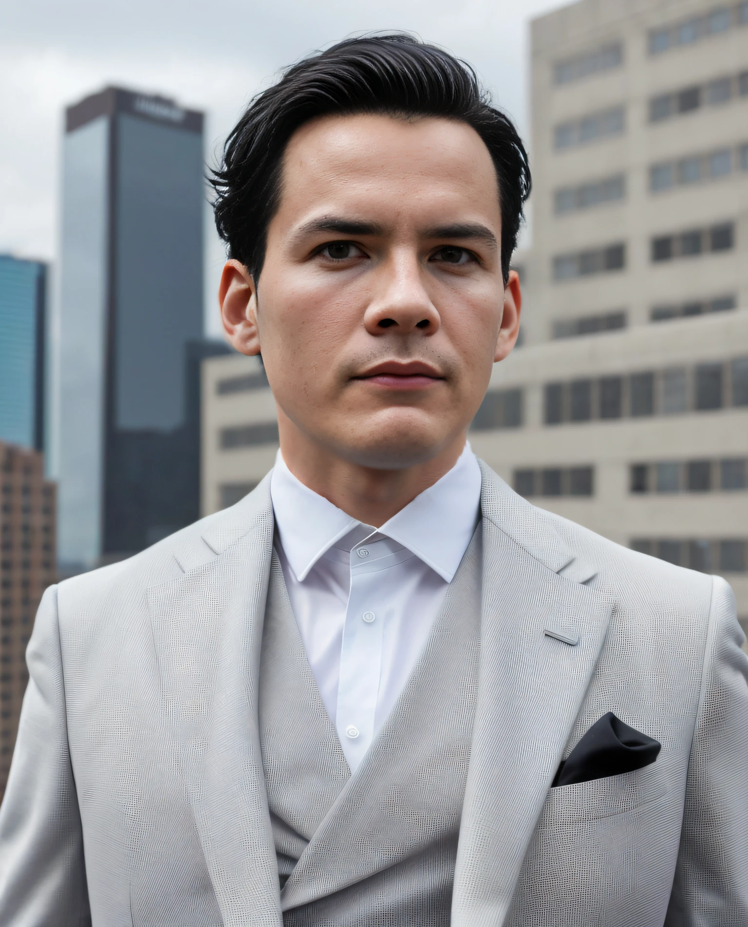 hombre con traje y corbata parado frente al horizonte de una ciudad, t, traje , Cara perfecta, con traje blanco, con traje blanco futurista, Llevar traje de negocios, Traje blanco y corbata negra, Lleva un traje, Traje maximalista moderno, vestido con traje, usando un traje,age of 20 years,cabellos negro mejor calidad,ng_deepnegative_v1_75t, (badhandv4:1.2), (worst quality:2), (low quality:2), (normal quality:2), lowres, bad anatomy, bad hands, ((monochrome)), ((grayscale)) watermark