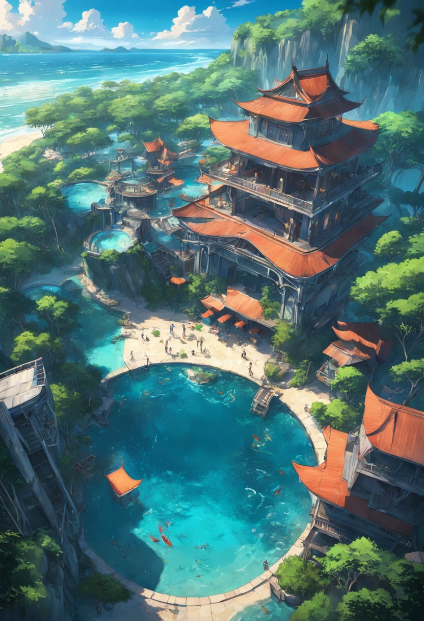Beautiful very realistic large lagoon, inside the island in the ocean around the jungle, beautiful hotel on the shore, 3D top side view