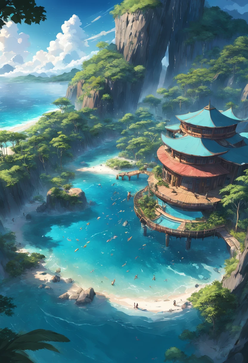 Beautiful very realistic large lagoon, inside the island in the ocean around the jungle, beautiful hotel on the shore, 3D top side view