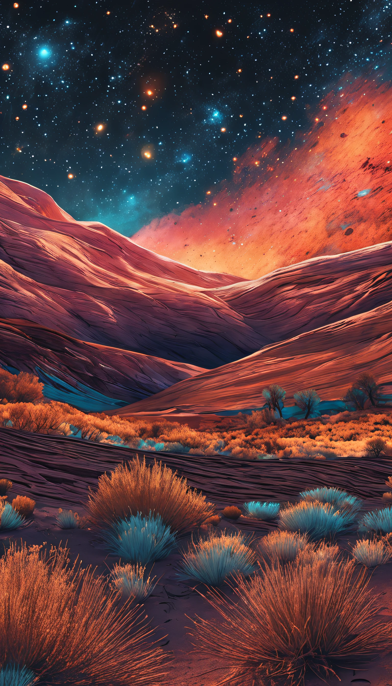 breath-taking,Van Gogh style starry sky in quaint night sky,Rolling desert,the expanse,