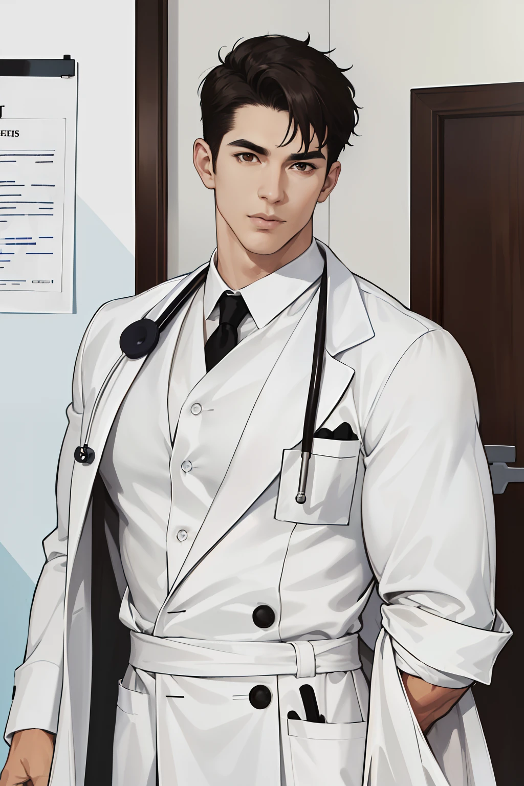 (absurdres, highres, ultra detailed, realistic, ), 1 male, solo, adult, mature, tall muscular guy, broad shoulders, handsome, very short hair, black hair, brown eyes, angular jaw, thick neck, thick eyebrows, hospital room, Doctor, white gown, white coat, upper body