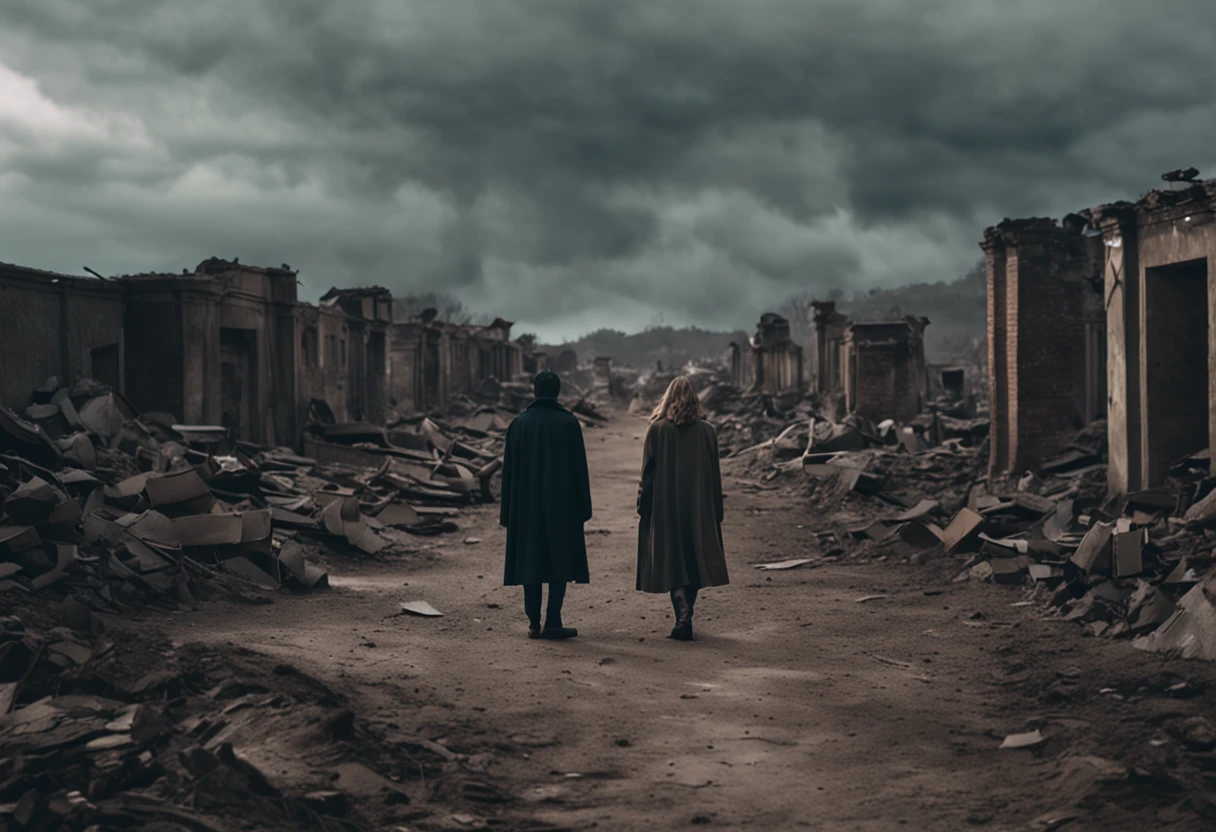 A male student in a student uniform and a female student in a trench coat face away from the photo，Walk through vast ruins，Under a black sky，In the distance, There is a fuzzy black monster in the fog。