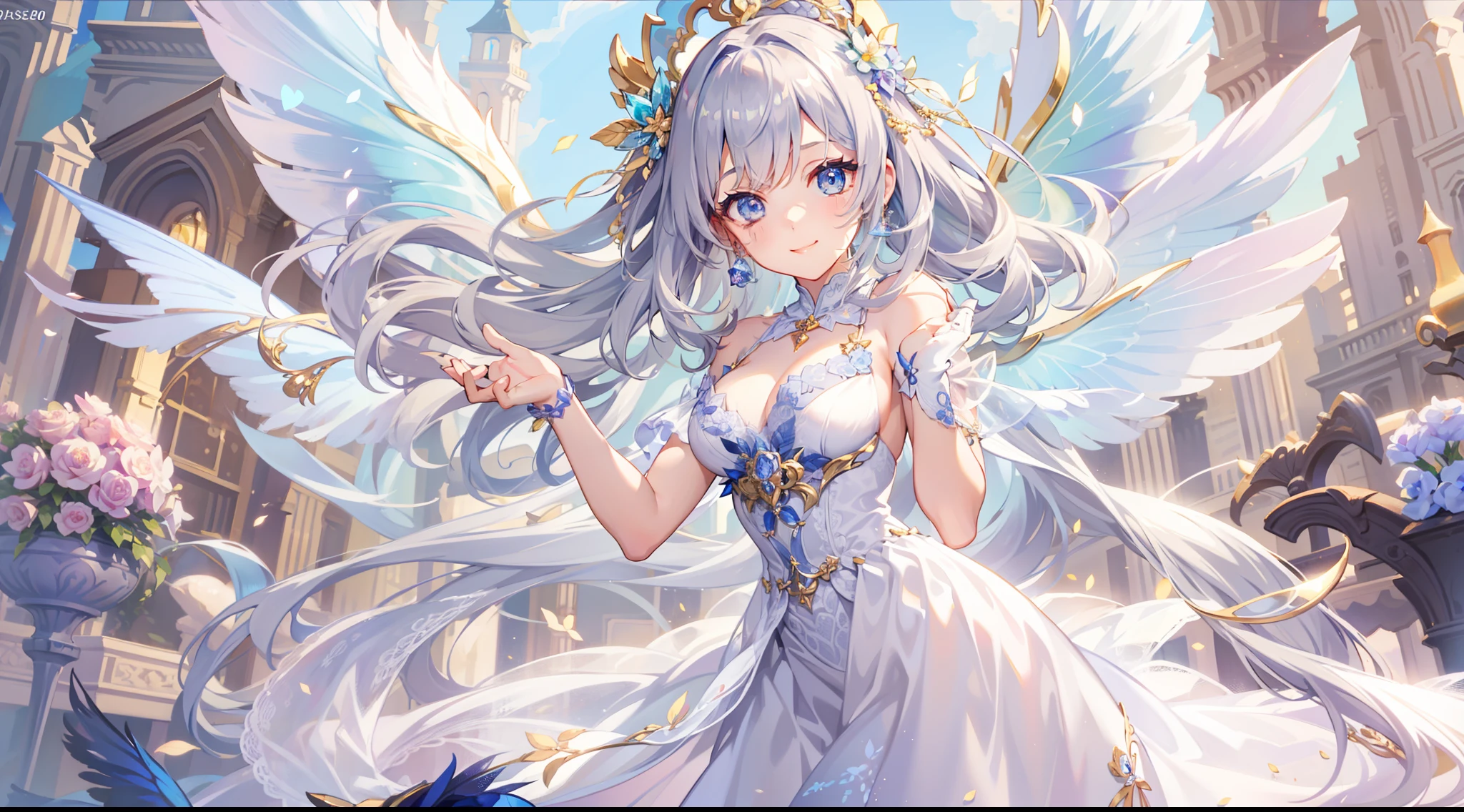 Flower fairy, Transparent colorful wings, Magic wand,A high resolution, 8K, anime woman, Delicate and meticulous text 、detailed digital illustration、aristocratic clothes、Very long hair and shine、A very beautiful woman、The eyes are twofold, Big and cute,、The bust is a D cup、High image quality, High quality、Detailed background、I wear hair accessories.、shimmering background、The inside of the eye sparkles like a diamond、4 fingers, 1 thumb、detailed feminine face、Smile、Very nice and lovely woman、Silver hair、Very luxurious hair accessories、A smile、beautiful cityscape background、Photo to the feet