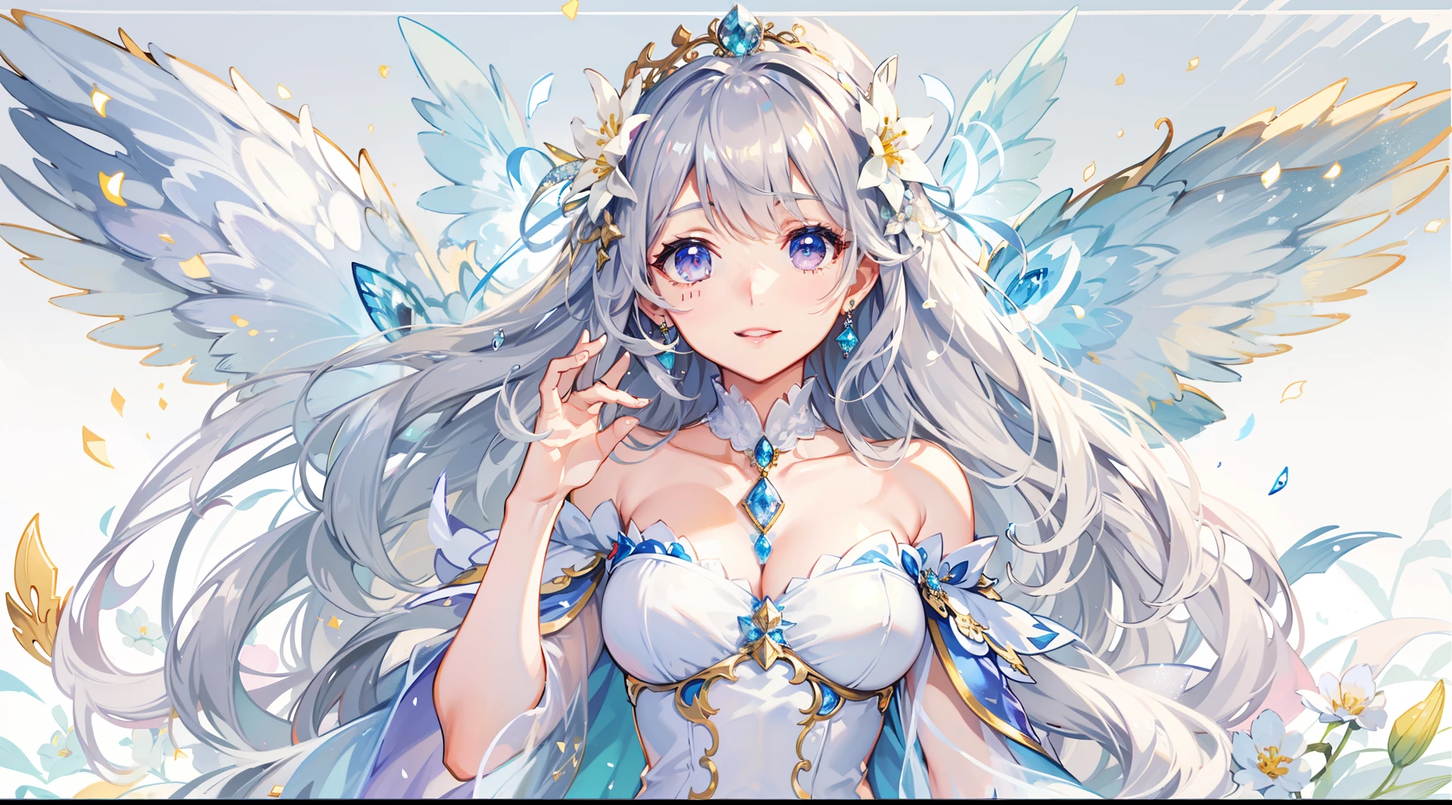 Flower fairy, Transparent colorful wings, Magic wand,A high resolution, 8K, anime woman, Delicate and meticulous text 、detailed digital illustration、aristocratic clothes、Very long hair and shine、A very beautiful woman、The eyes are twofold, Big and cute,、The bust is a D cup、High image quality, High quality、Detailed background、I wear hair accessories.、shimmering background、The inside of the eye sparkles like a diamond、4 fingers, 1 thumb、detailed feminine face、Smile、Very nice and lovely woman、Silver hair、Very luxurious hair accessories、A smile、beautiful cityscape background、Photo to the feet