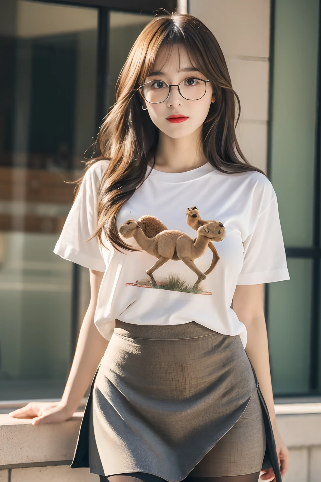 ulzzang-6500-v1.1,(raw photo:1.2), (photorealistic:1.4), beautiful detailed girl, very detailed eyes and face, beautiful detailed eyes, ridiculous, incredibly ridiculous, huge file size, super detailed, high resolution, very detailed, best quality, masterpiece, ((t-shirt)), illustration, very detailed, CG, unified, 8k wallpaper, amazing, fine details, masterpiece, Best quality, very detailed CG unified 8k wallpaper, face light, movie lighting, 1girl, , long white hair, side split, (big breasts), (no panties)), (with glasses), (dynamic pose), (sexy pose), ((camel toe))), (half), ((pantyhose)), ((black hip skirt)), (bent knees)))))