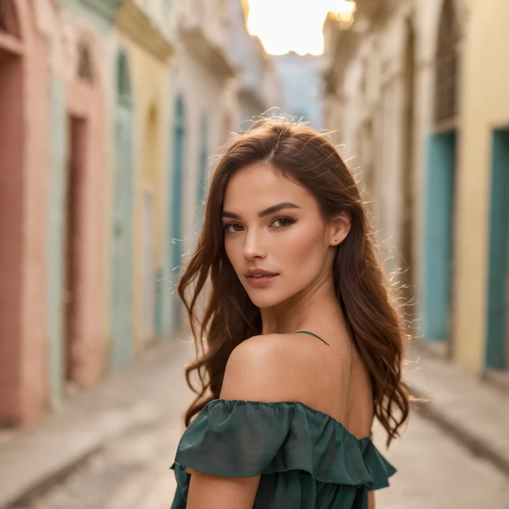 sexy mujer latina, piernona, caminando por una calle de cuba, luz natural, al atardecer, la gente a su alrededor la mira