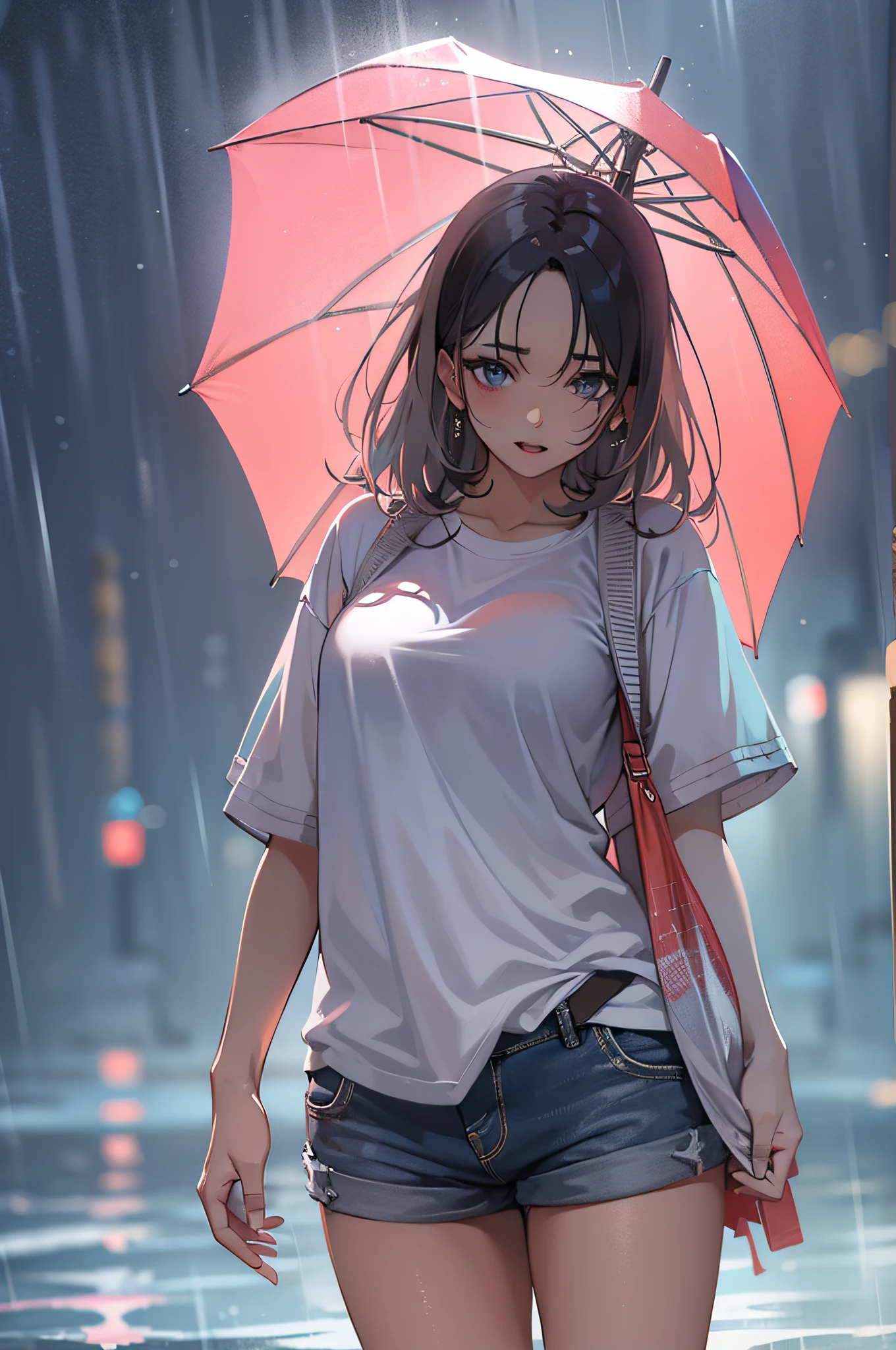 under the rain、Hold a slightly larger umbrella、Align the center of the umbrella、Woman Walking、shortpants、tshirts、Looking at the camera、back lighting、Studio Lighting