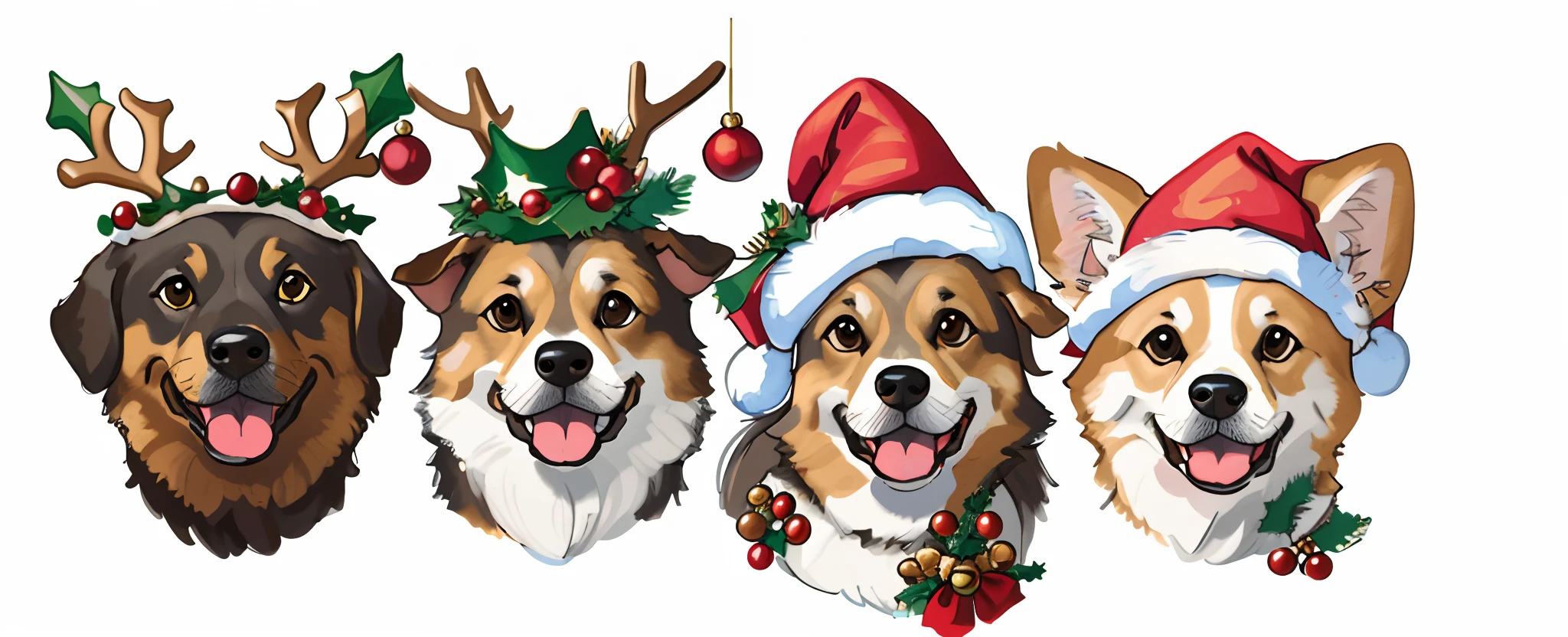 Close-up of a group of dogs wearing Christmas hats, 💋 💄 👠 👗, Decorative ornaments, cute faces, telegraph stickers, Dogs, 2D, 2 d, added detail, LOL, telegraph stickers design, with fully detailed faces, A full face, Ornaments, Christmas, 3 pm, cartoonish style, 3heads, decorations, governor, Merry, 8K!