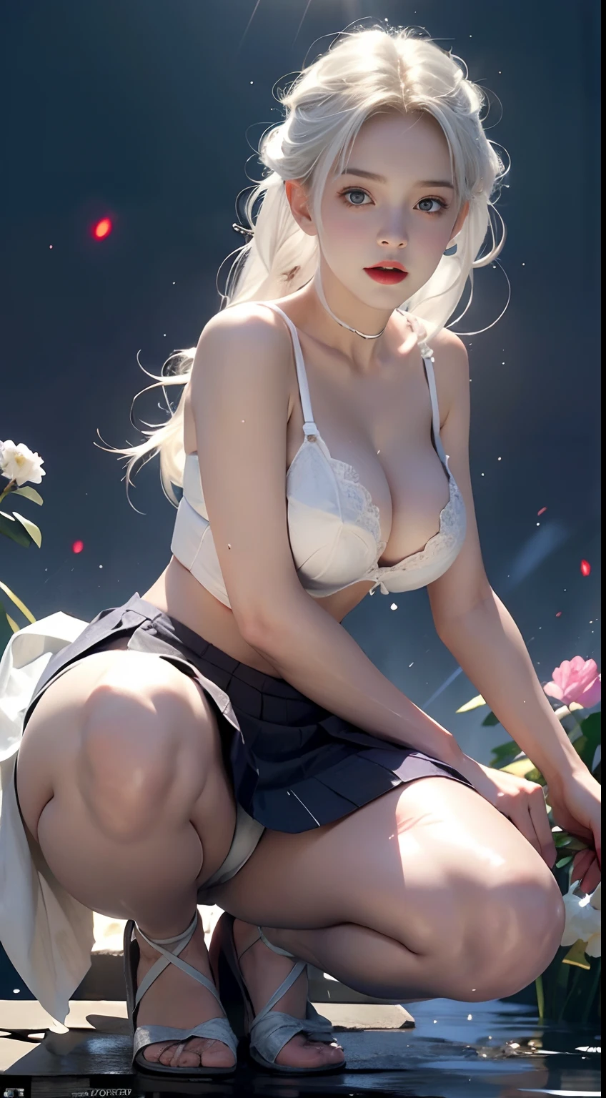 realisticlying,1girll,White hair,Purple eye,glowing light eyes,Cut the top,a skirt,parted lip,Be red in the face,the night,fresh flowers,suns,rays of sunshine,Squat with your legs open,Tiptoeing,Get wet all over your body,The whole body is water,Rained,No bra,White panty hose