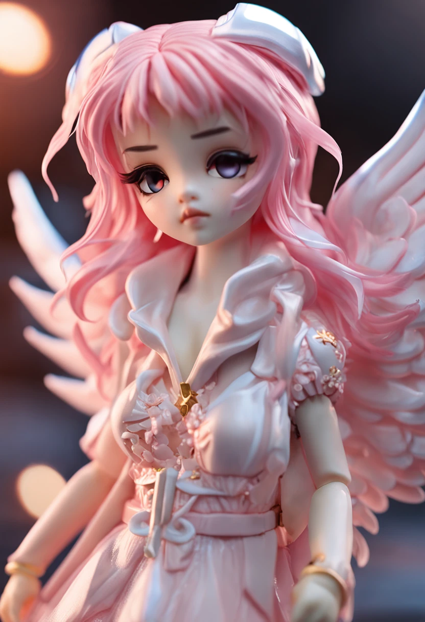 1 anime angel doll，（tchibi：1.2），8k high-quality detailed art，White feathers on the back，Pink hair，Gradient，twinkle，The style is Nendoroid，Stylized anime，Anime style 4K，cute detailed digital art，Guweiz style artwork，8K octar rendering photos，Advanced digital chibi art，Cute 3d rendering，style of anime，optic，with light glowing，Blind box figures