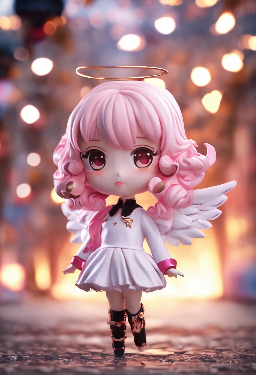 1 anime angel doll,(tchibi:1.2),8k high-quality detailed art,White feathers on the back,Pink hair,Gradient,twinkle,The style is Nendoroid,Stylized anime,Anime style 4K,cute detailed digital art,Guweiz style artwork,8K octar rendering photos,Advanced digital chibi art,Cute 3d rendering,style of anime,optic,with light glowing,Blind box figures