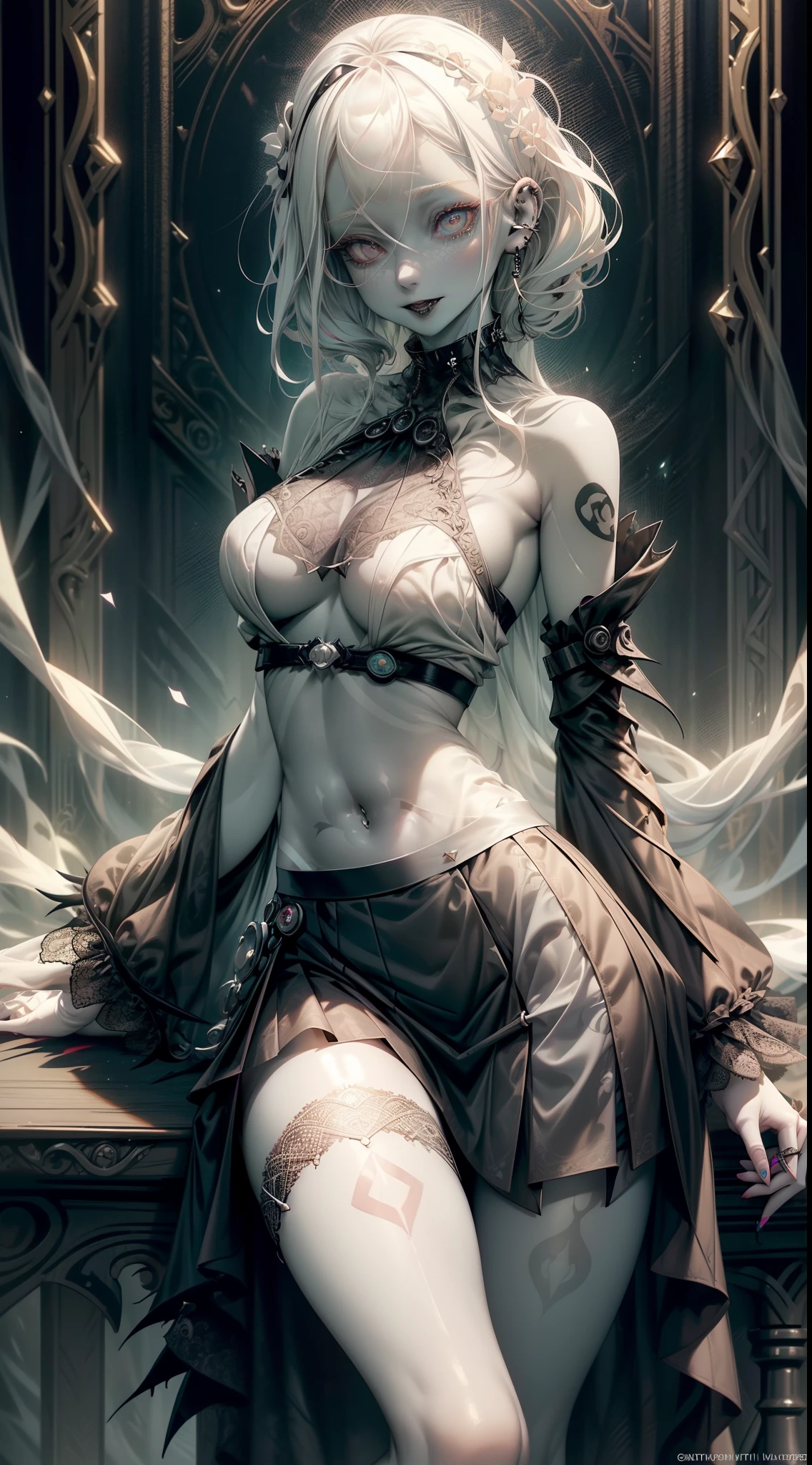 (necromance:1.2) girl, 1girl, perfect and well designed shiny eyes, (beautiful detailed emerald marsh eyes:1.05), natural breasts, slim body, beautiful and delicate face, (face detail), ((realistic face)), pores, ((pale skin)), detailed skin, realistic skin, medium length hair, hair voluminous, super high resolution, 8k, parameters Best quality, (masterpiece:1.4), (magic accessories:1.4), bracelets, necklaces, dark extremely detailed thick tight ((lacy silk clothing:1.3), (lacy wrap dress:1.2), (lycra kimono:0.8),(wild goth skirt:1.5)), shabby hood ruffles coat, embroidery and lace, jewelry ornaments, hair ornament, (neckline:1.3), (cleavage), decolette, navel, Young Girl, Little Beast, (crazy:0.7) Smile, (Pale Skin:2.0), (19 Piercings:1.6), ((tattoos all over body, Tribal tattoos all over legs)), surrounded by darkness, (Darkness:1.2), Dark Fantasy, ultra detailed, photorealistic, ((Real image)), (best quality:1.4), super high resolution, (Realistic 2.0), More details, (full body portrait), (((1girl))), (witchcraft:1.5), magic energy flows and sparkles, (futurism:1.4), (cyberpunk:1.2), (magic technologies:1.3), (beautiful and aesthetic:1.2), (fractal art:1.4), (cinematic light:1.1), DUTCH ANGLE, 16K, HDR, RTX, Ray Tracing, Radiosity, Anisotropic Filtering, Subsurface Scattering, (((magic lights))), metallic reflections, Detailed, Realistic, 4k highly detailed digital art, (cool_color), extremely detailed CG unity 8k wallpaper, vibrant colors