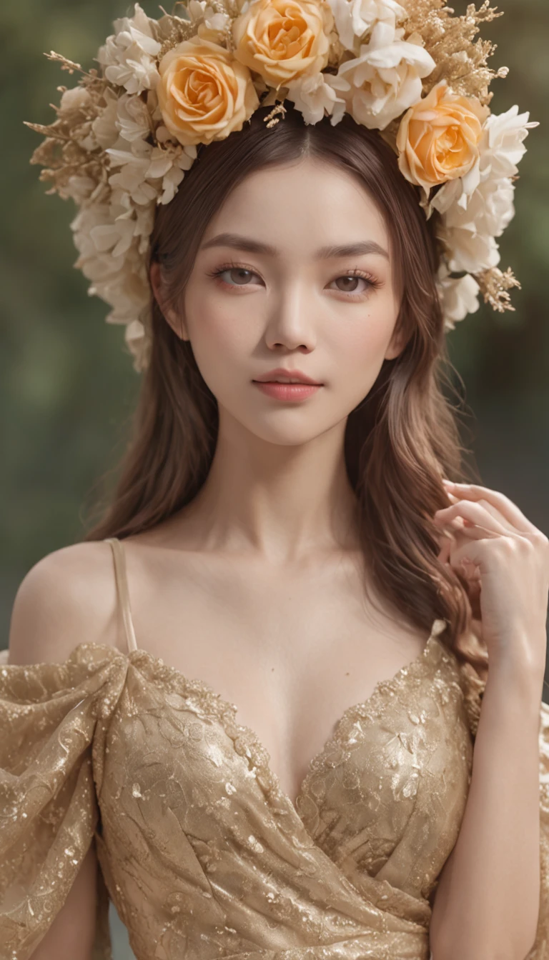 There were 2 women with flower crowns on her head.,Advertise the launch of a nourishing cream extracted with natural extracts., Wearing a gold evening gown.,(Gold wedding dress,long skirt and Sneakers), (lifelike, photo-realistic: 1.37), Full-body 8K, Detailed, detailed face, (vibrant, photo-realistic, Realistic, crisp focus, 10), (Wedding dress neat and clean:1.4),(intricate:1.4), (high-detail:1.4) ,kawaii realistic portrait, 8K soft portrait shot,8k portrait render, artwork in the style of guweiz, Digital Art in Detail, hands, elbow, in Coffee Field, Full body, Holding a bouquet of flowers, crisp focus, Very delicate, beautiful.,Baby Face, CGSociety,(photorealistic portrait:1.4),(RAW photo, bestquality), Wear a hat., Glass shoes,(Lifelike skincare product images:1.6)