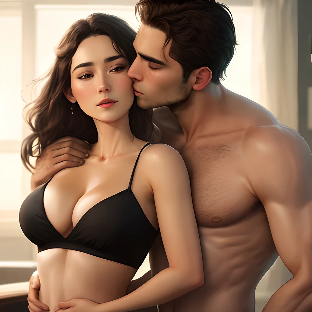A woman exudes her upper body，A man behind her rubbed her chest，And kissed her softly on the neck，and against her hips