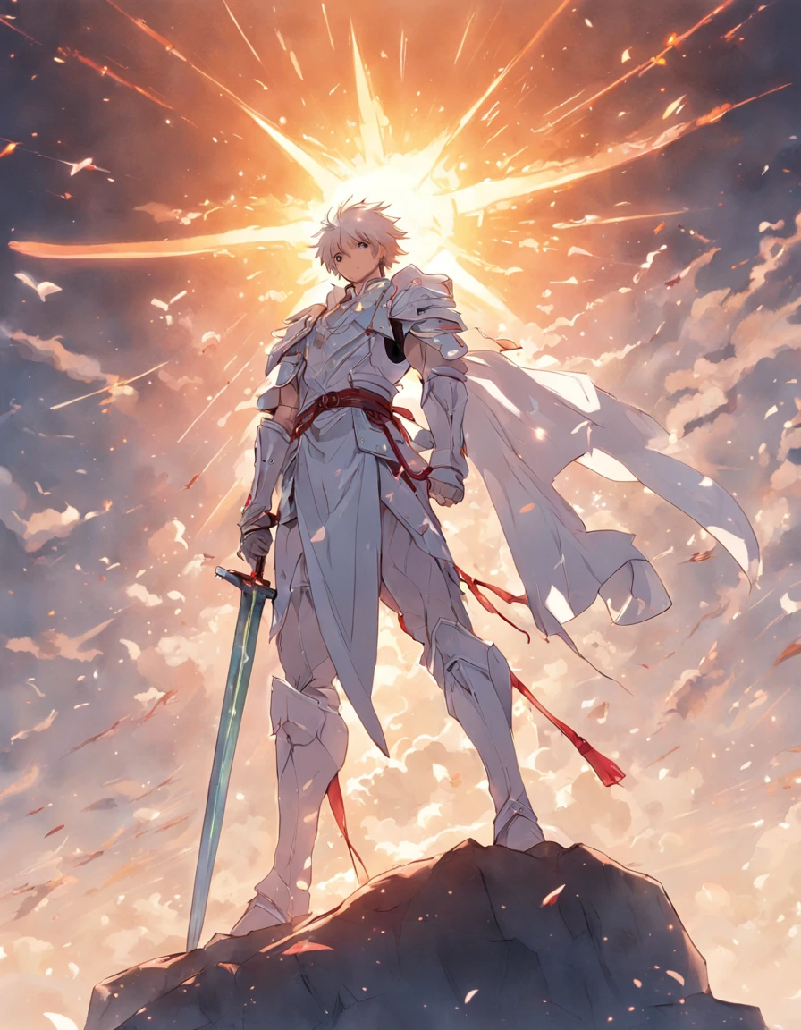 A white-clad swordsman stands at the top of the sky,Behind him stands the glorious sun。