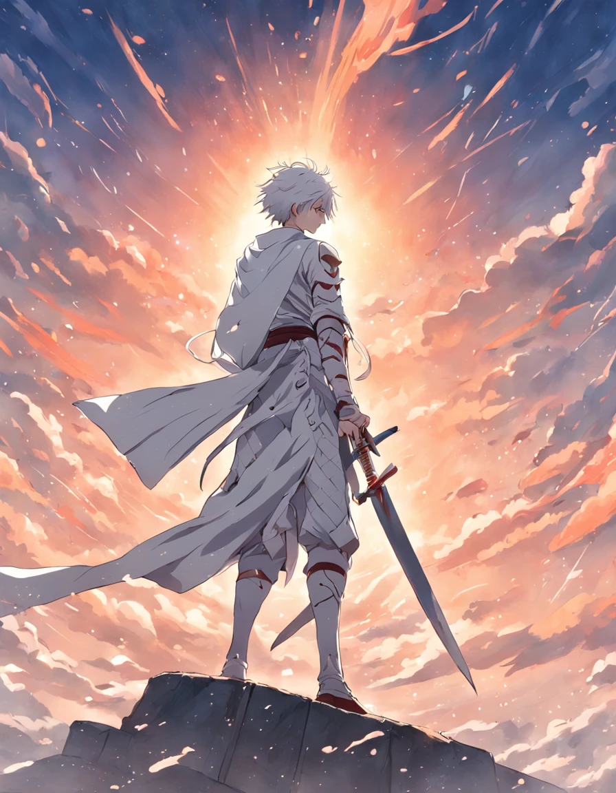 A white-clad swordsman stands at the top of the sky,Behind him stands the glorious sun。