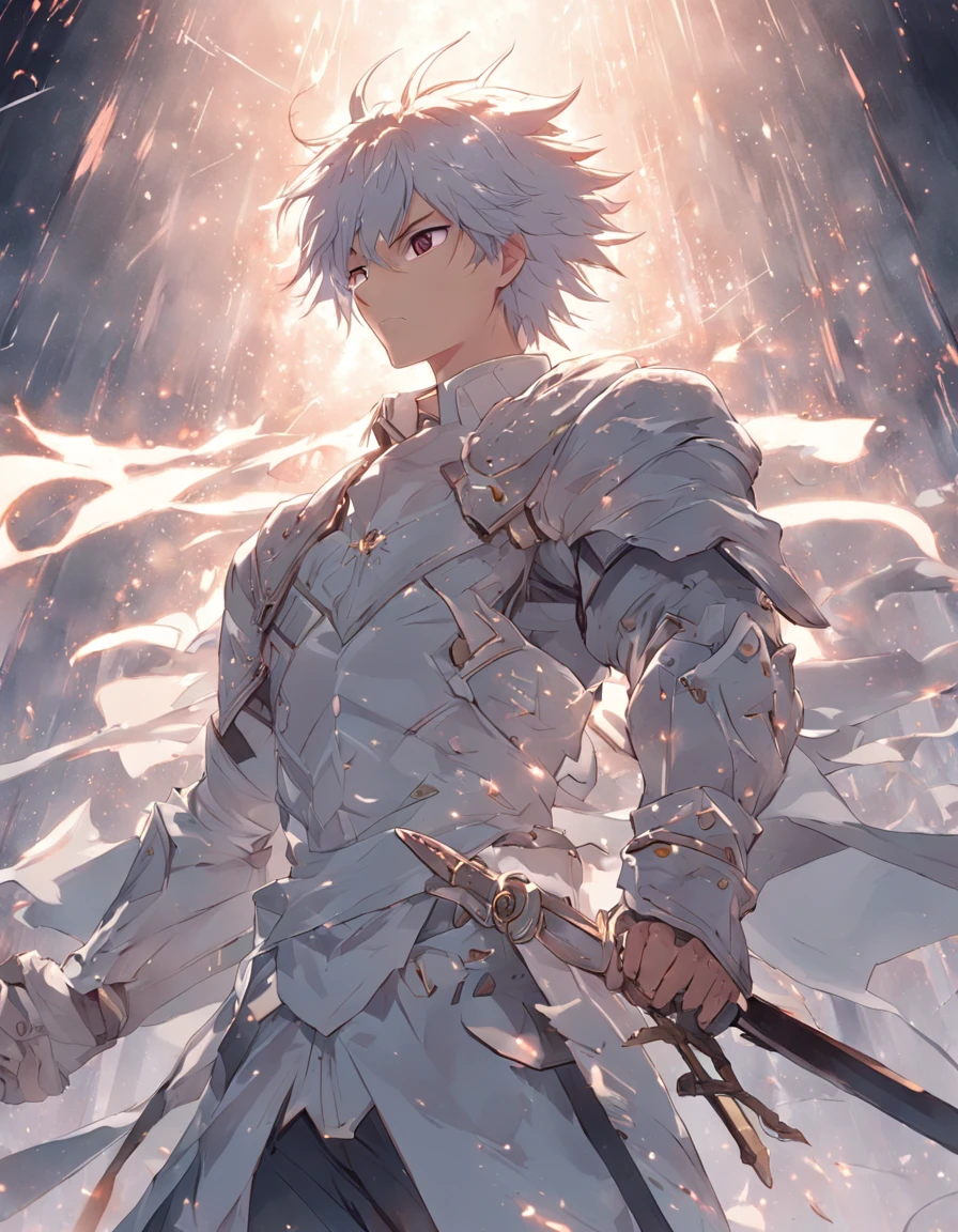 A white-clad swordsman stands at the top of the sky，Behind him stands the glorious sun。