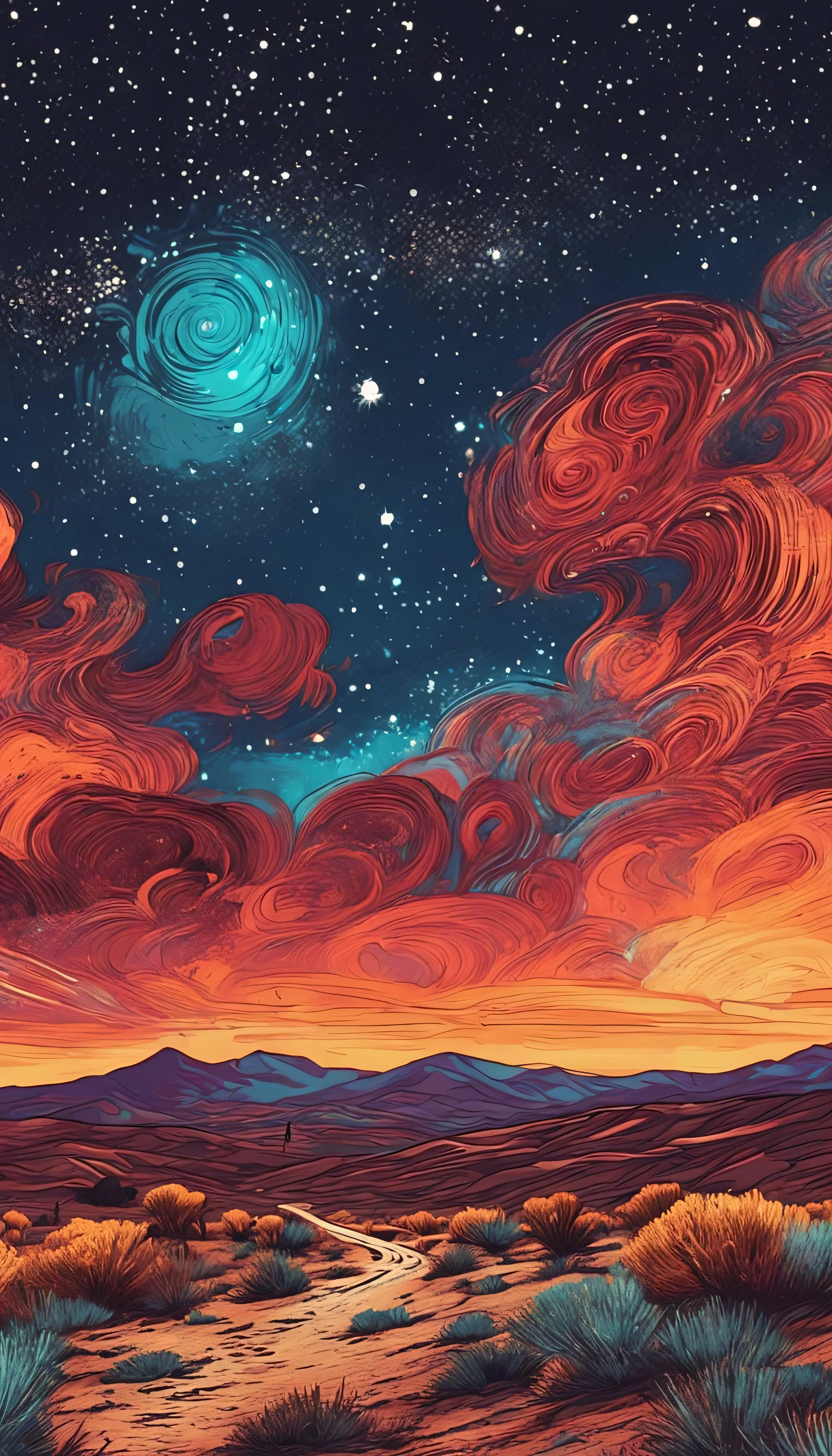 breath-taking,Van Gogh style starry sky in quaint night sky,Rolling desert,the expanse,