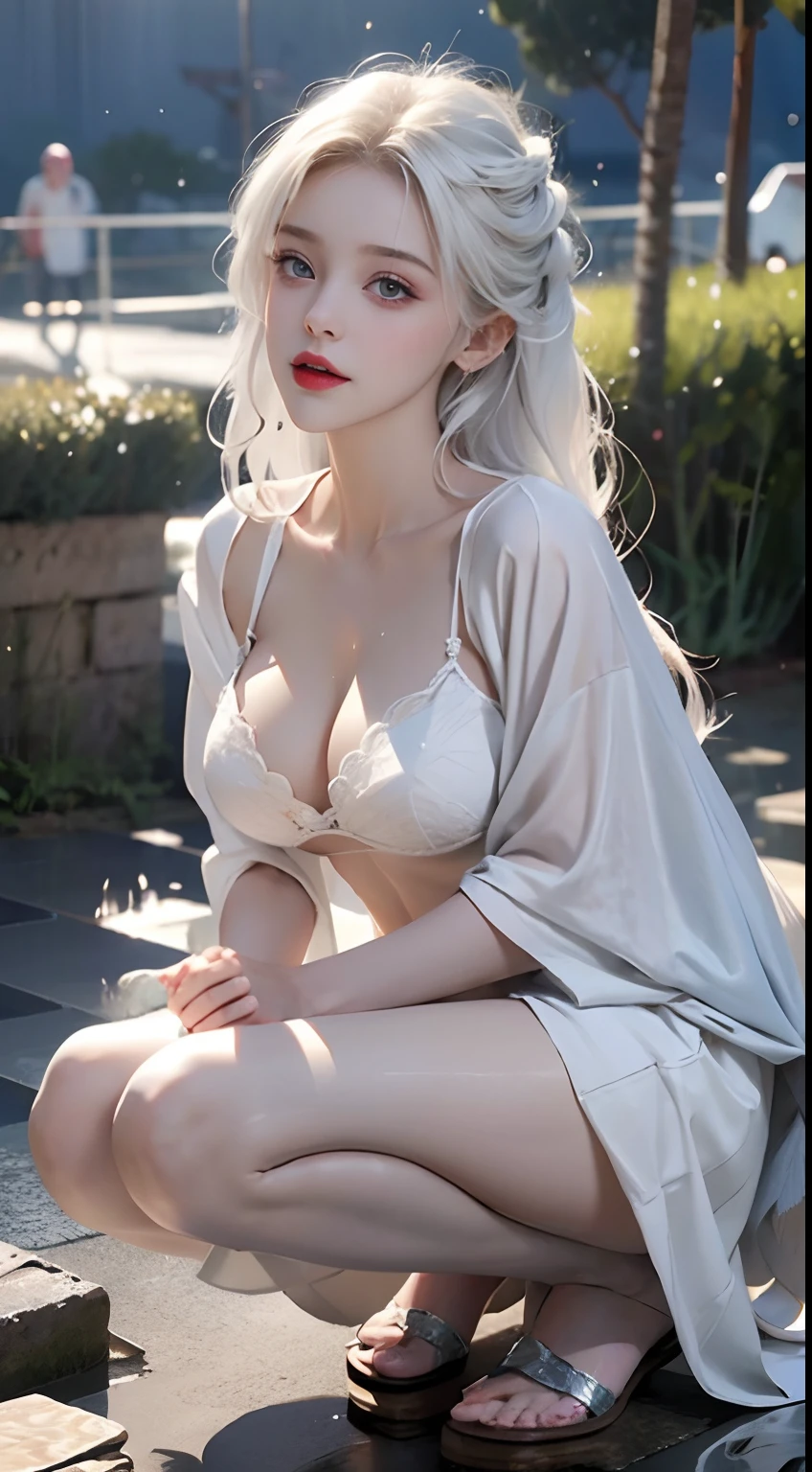 realisticlying,1girll,White hair,Purple eye,glowing light eyes,Cut the top,a skirt,parted lip,Be red in the face,the night,fresh flowers,suns,rays of sunshine,Squat with your legs open,Tiptoeing,Get wet all over your body,The whole body is water,Rained,No bra,White panty hose