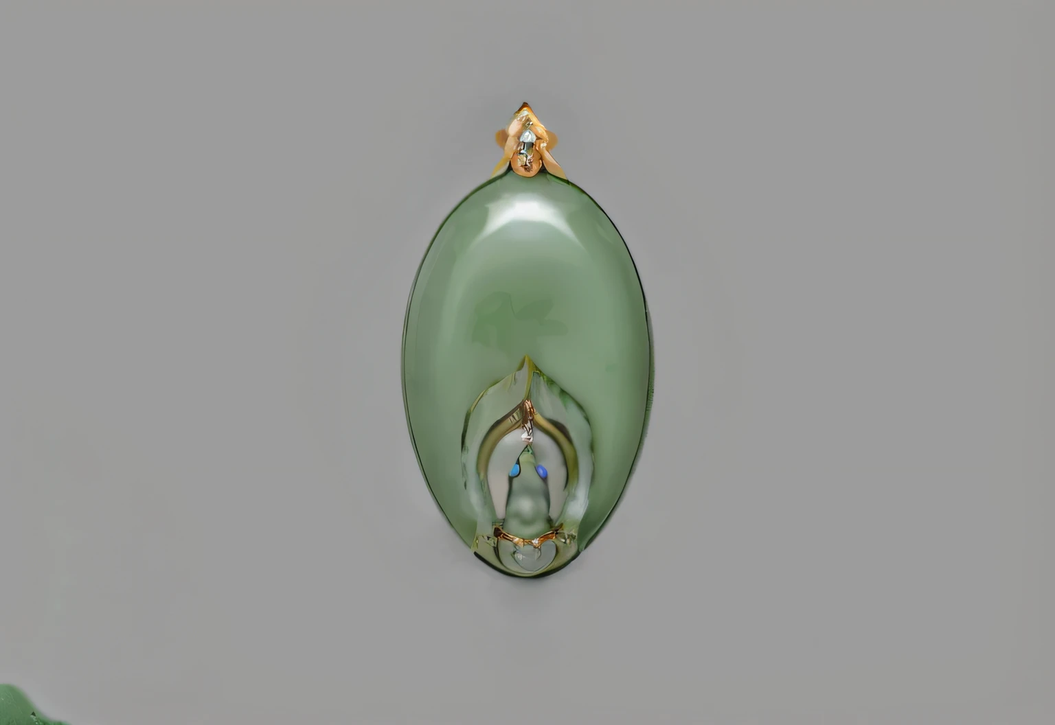 There is a green jade，Gold top on gray background, a jewellery design, pendant, Lotus, Concept illustration, inspired by Kaigetsudō Ando, artist rendition, inspired by Shūbun Tenshō, artist rendition, inspired by Kaigetsudō Anchi, center view, healing pods, embedded with gemstones, Renders