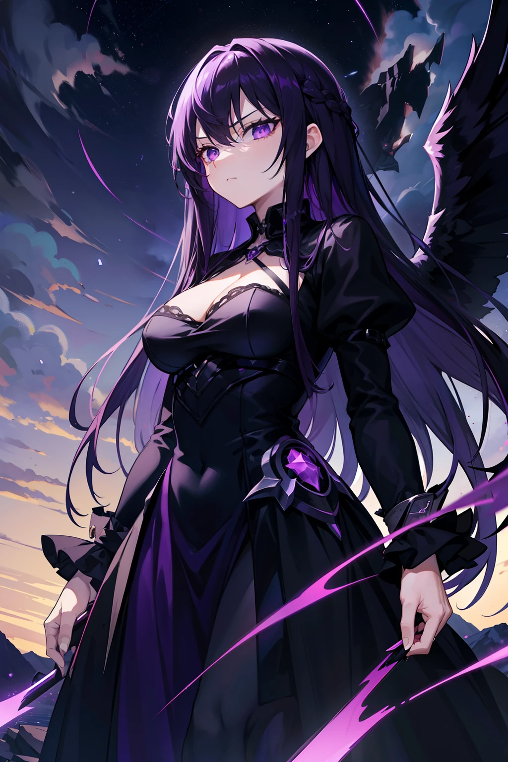 Long very dark purple hair, dark purple eyes, imposing menacing expression, black dress with star lights in it, black angel wings, standing on a cliffside