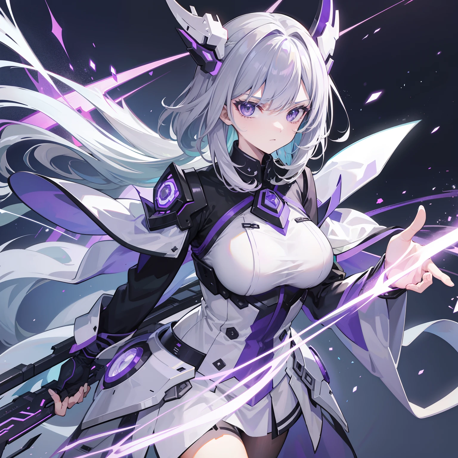 The ghost general of the weapons of the Electric Age，Gray-green and purple-white color scheme，She is a heroic and sassy beauty
