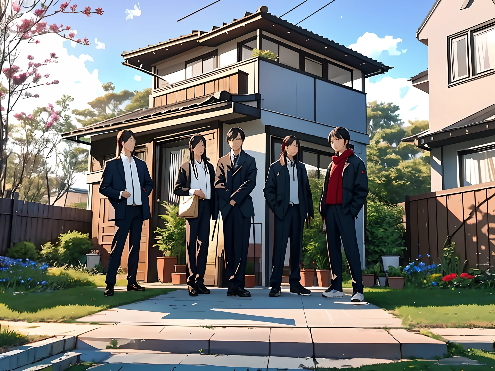 There was a group of people standing outside the house，Two-story small building，Outside the house is the yard，grassy fields，There are men and women，rcasual。，Middle Age，rcasual，Clear facial features，tmasterpiece，Top image quality，hyper HD，Super A resolution，