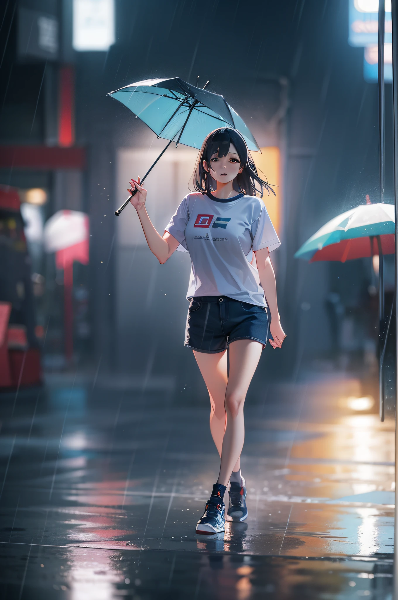 In the rain、Woman Walking、shortpants、tshirts、Looking at the camera、back lighting、Studio Lighting