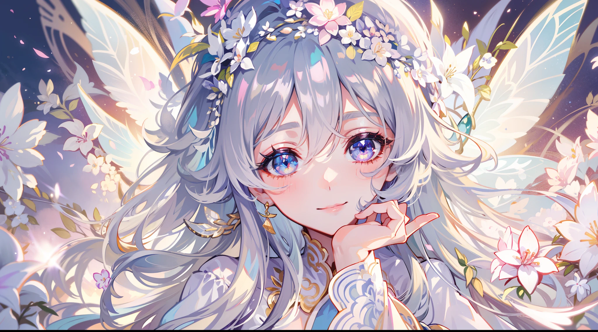 Flower fairy, Transparent colorful wings, Magic wand,A high resolution, 8K, anime woman, Delicate and meticulous text 、detailed digital illustration、aristocratic clothes、Very long hair and shine、A very beautiful woman、The eyes are twofold, Big and cute,、The bust is a D cup、High image quality, High quality、Detailed background、I wear hair accessories.、shimmering background、The inside of the eye sparkles like a diamond、4 fingers, 1 thumb、detailed feminine face、Smile、Very nice and lovely woman、Silver hair、Very luxurious hair accessories、A smile