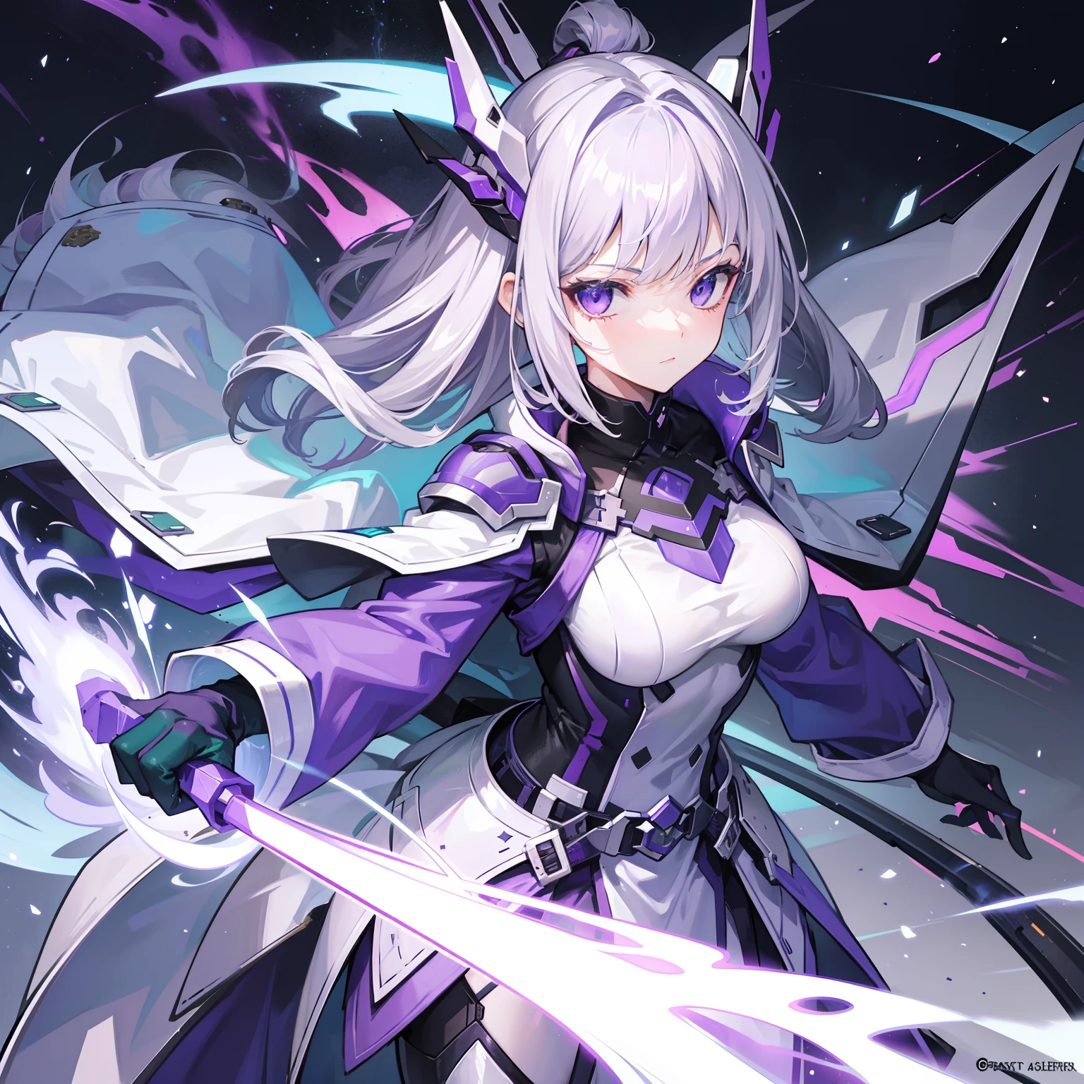 The ghost general of the weapons of the Electric Age，Gray-green and purple-white color scheme，She is a heroic and sassy beauty